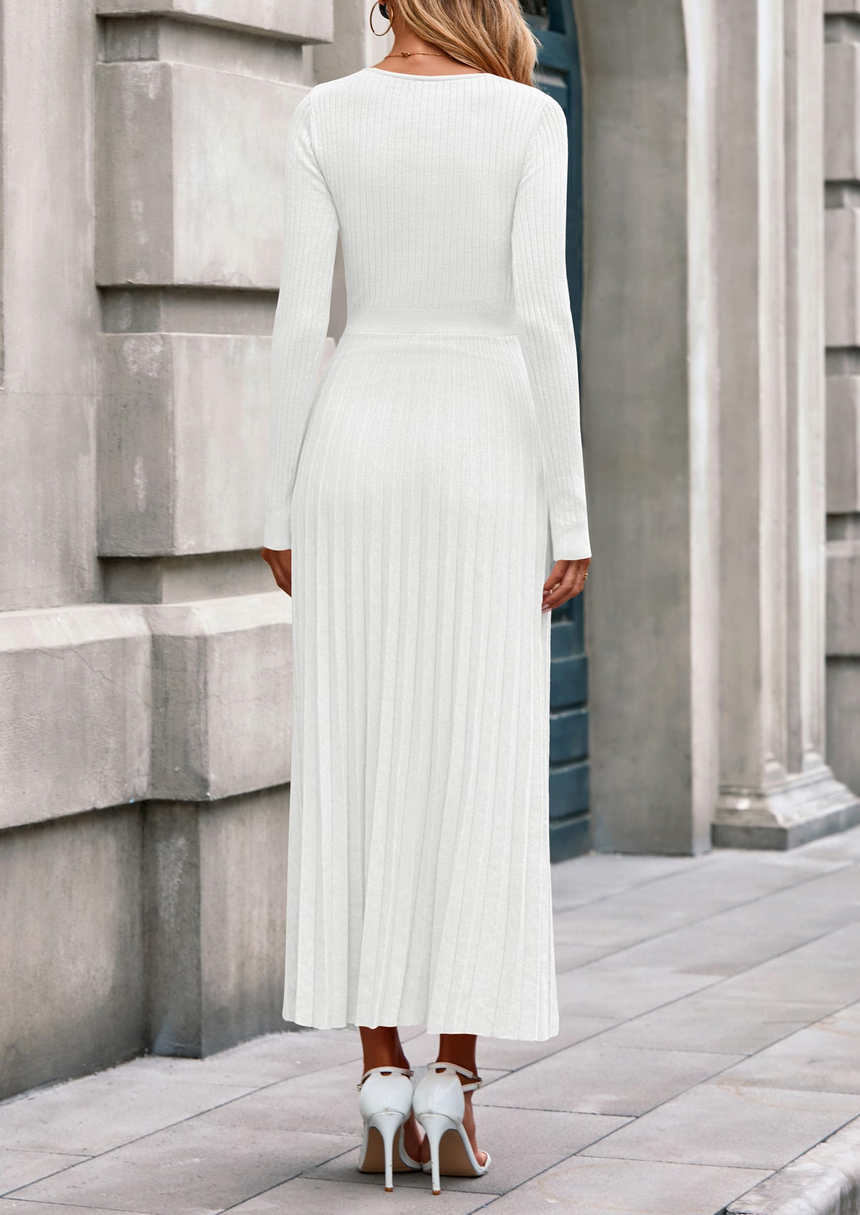PRETTYGARDEN Women Sweater Dress Fall Fashion Long Sleeve V Neck Ribbed Knit Pleated A Line Elegant Maxi Winter Dresses