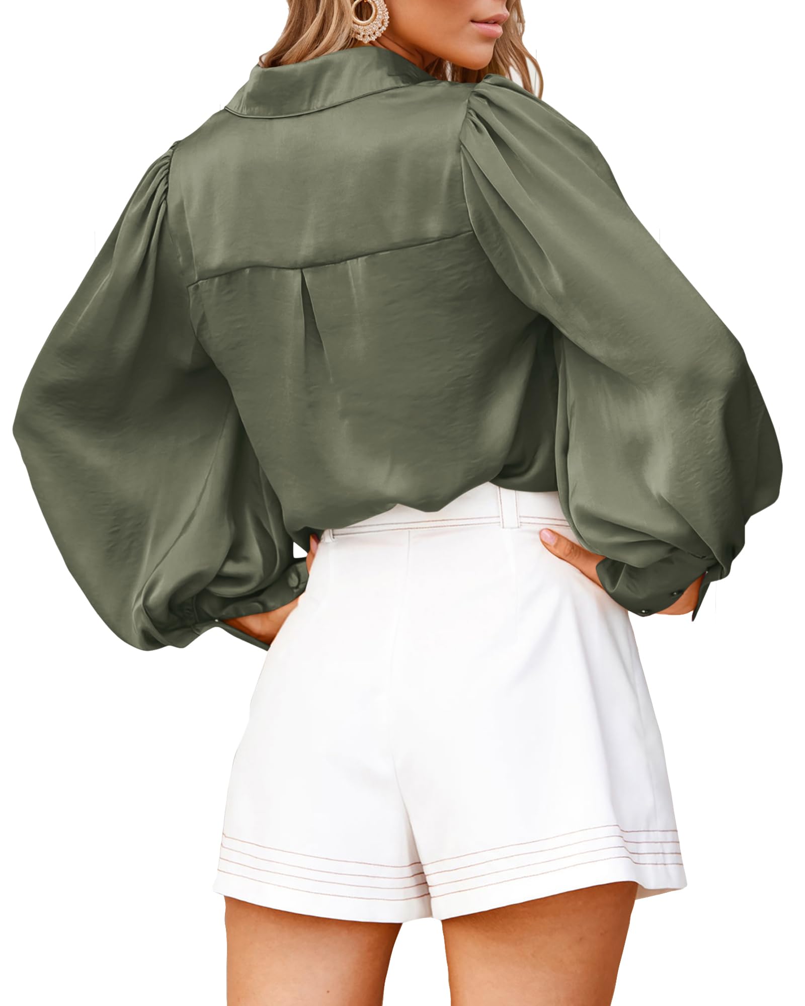 BTFBM Women Satin Blouses Summer Fall Clothes Button Down Lantern Long Sleeve Shirts Work Business Casual Dressy Tops