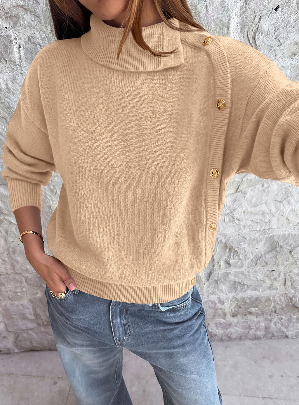 PRETTYGARDEN Womens Turtleneck Sweater Pullover Side Button Fall Clothes Stretchy Knit,Dropped Shoulder,Ribbed Cuffs,Asymmetrical,Jumper Long Sleeve Tops,Work Offices