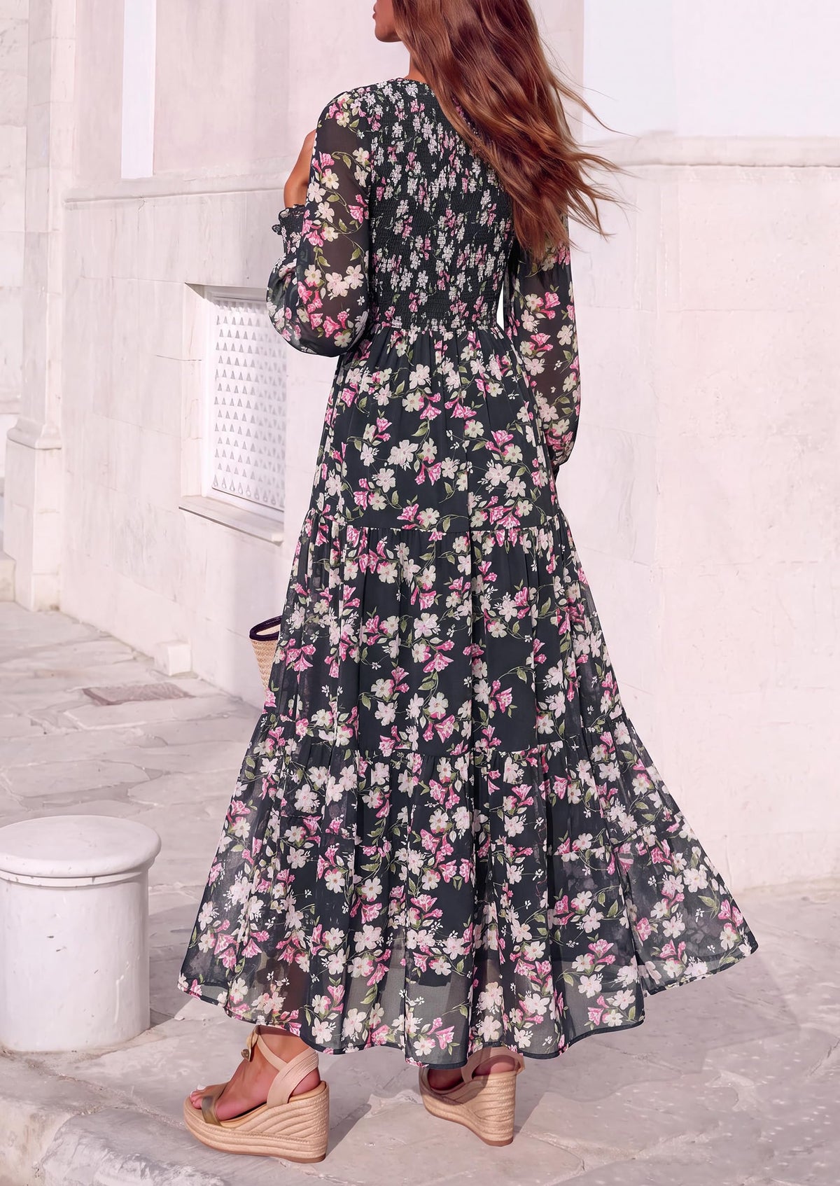FreshPretty Womens Flroal Long Sleeve Dress Boho A Line Fall Maxi Dresses,Sheer Lantern Sleeve, Lined & Pockets, Smocked Front Back, High Waisted Flowy Long Dress, Tiered Fall Wedding Guest Dresses