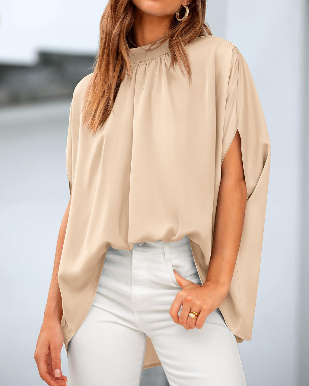 FreshPretty Womens Summer Tops Fall Mock Neck Batwing Sleeve Shirts Loose High Low Hem Oversized Dressy Casual Blouses