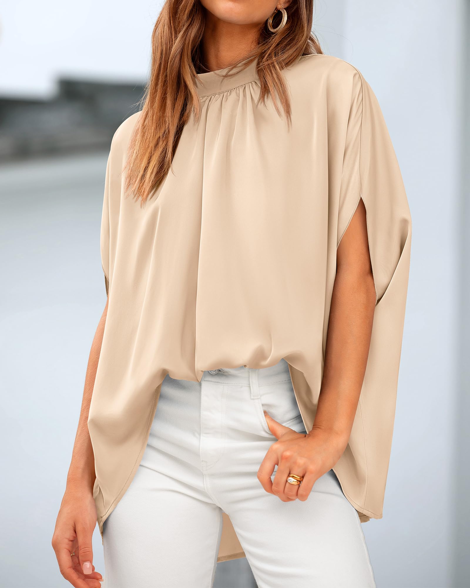 FreshPretty Womens Summer Tops Fall Mock Neck Batwing Sleeve Shirts Loose High Low Hem Oversized Dressy Casual Blouses