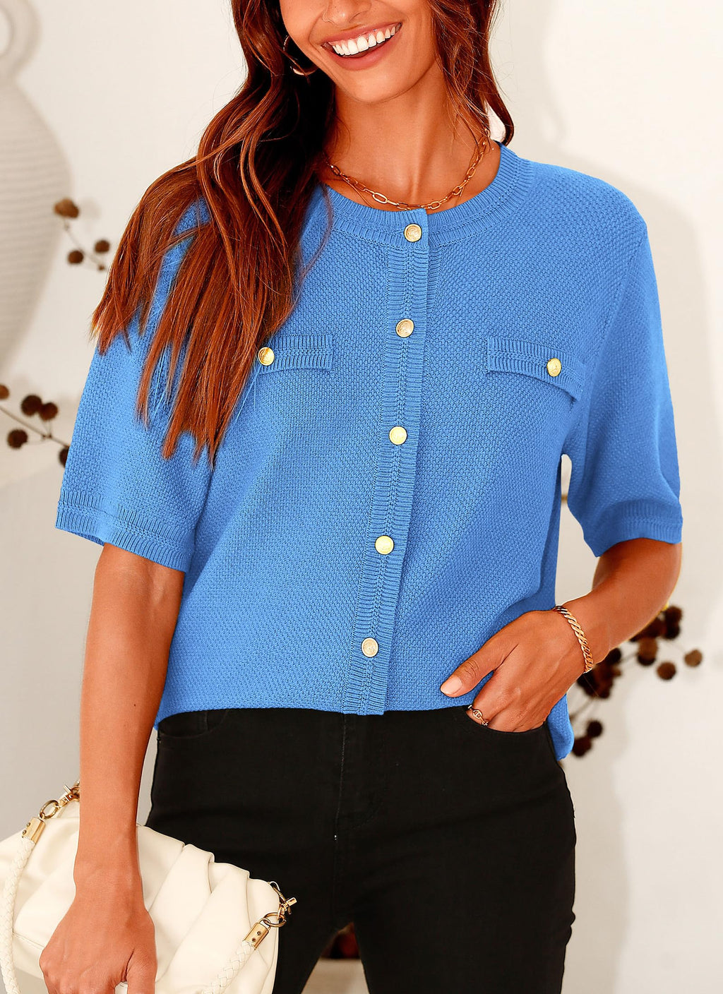 PRETTYGARDEN Women's Summer Button Down Shirts Casual Short Sleeve Crew Neck Ribbed Knit Blouse Top Cardigans
