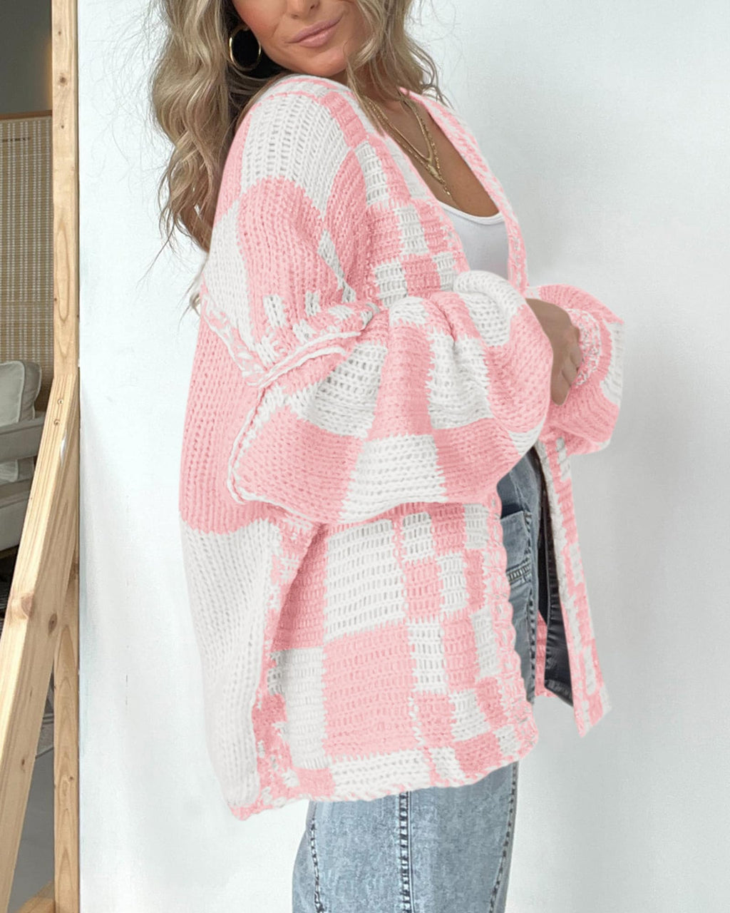 BTFBM Casual Cardigan Sweater for Women Fall Long Sleeve Sweaters Fall Outfits, Loose Fit,Solid,Open Front Chunky Knit Sweaters,Chunky Cardigan Sweaters For Women,Checkered Outwear Coat