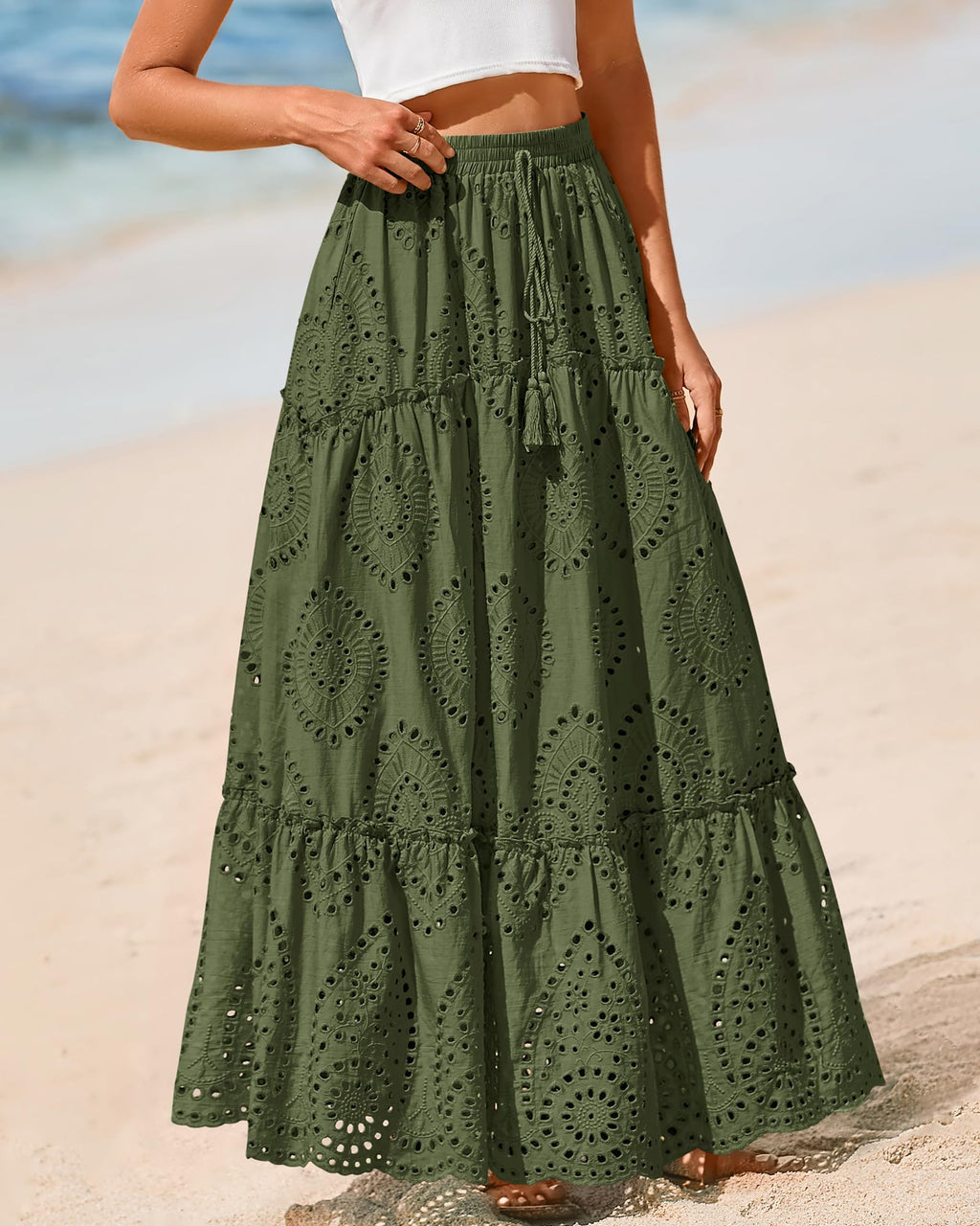 BTFBM Long Skirts for Women Summer Boho Lace Embroidery High Waist Flowy Tiered Spring Maxi Skirt Beach Vacation