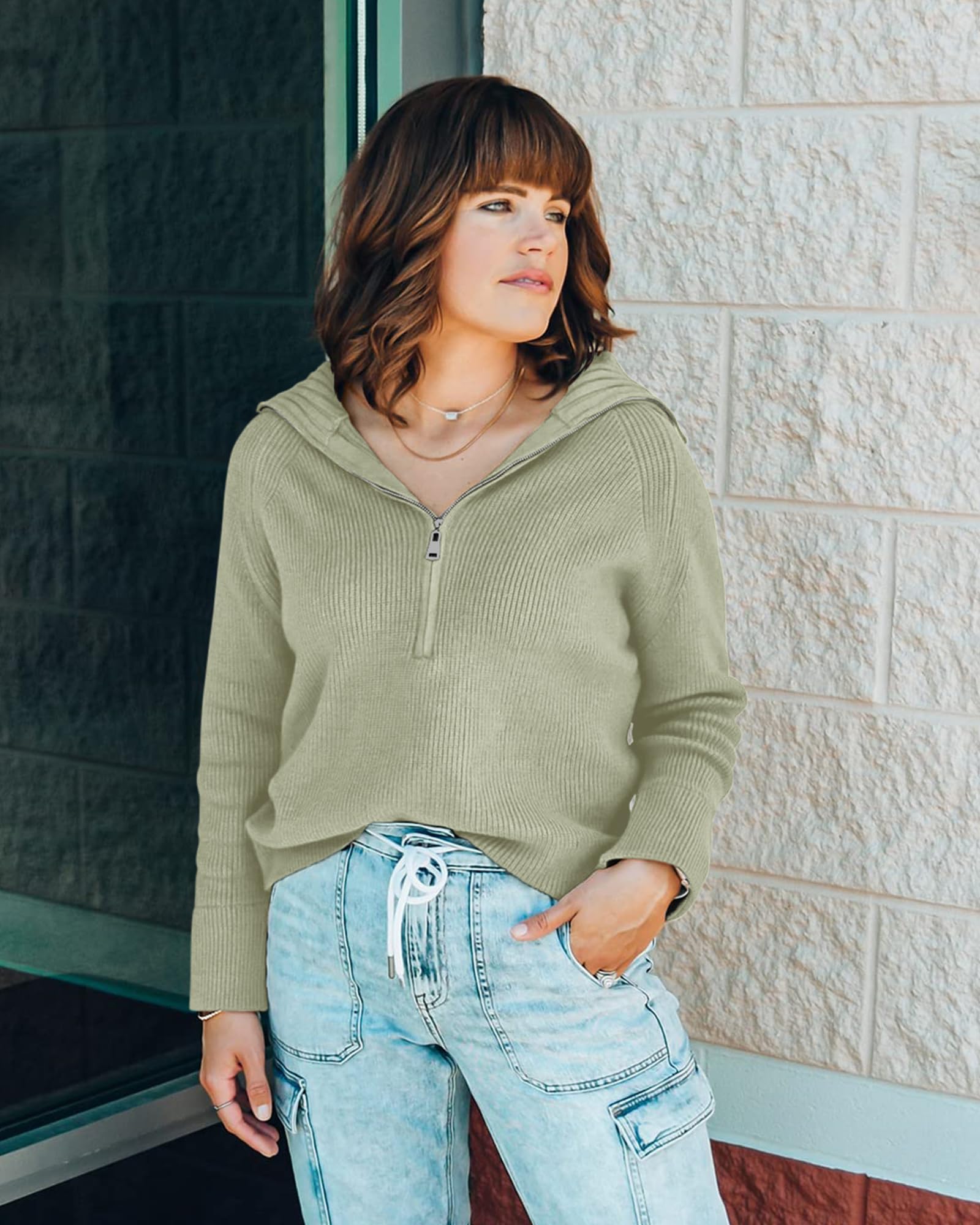 FreshPretty Womens Sweaters Quarter Zip Pullover V Neck Collar Long Sleeve Ribbed Knit Loose Casual Winter Fall Sweater