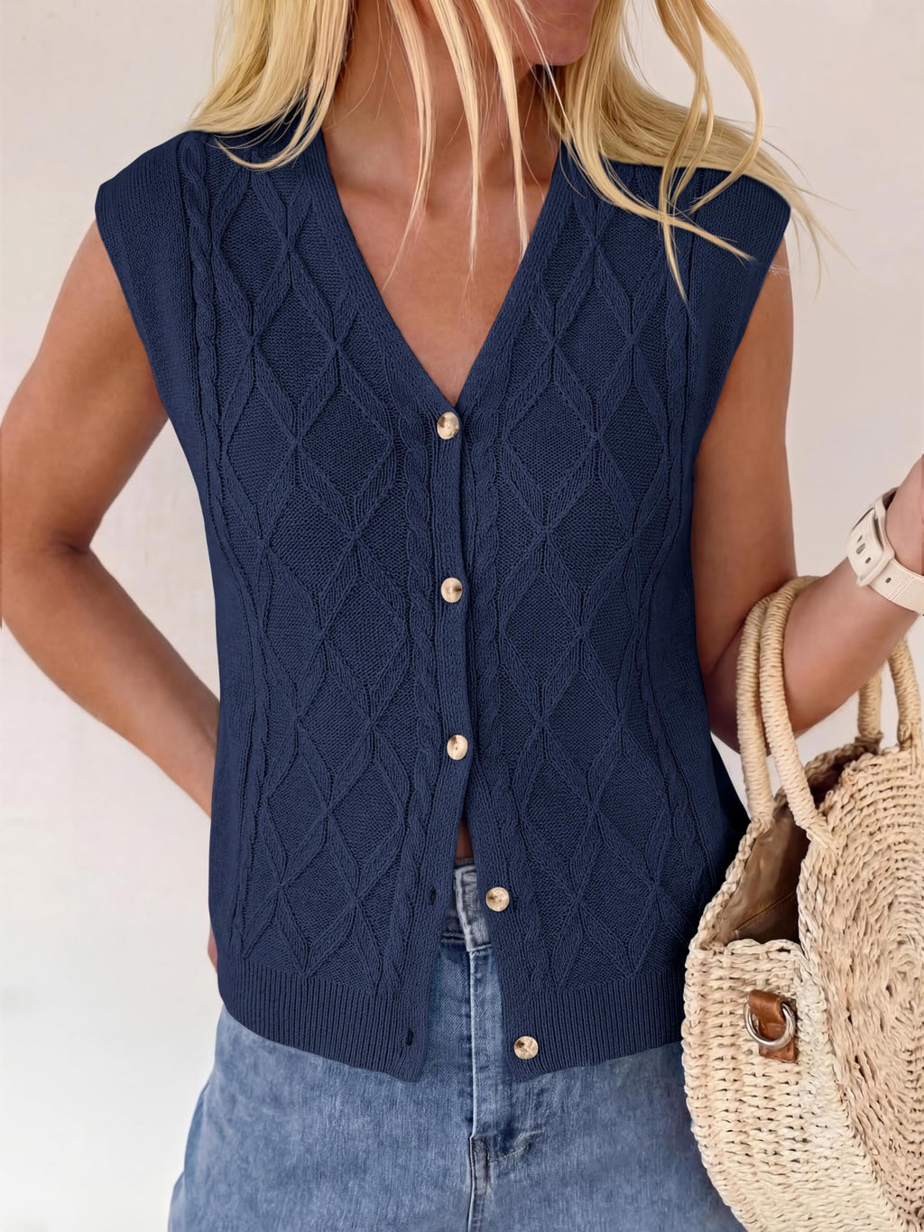 BTFBM Vest Tops for Women Summer V Neck Button Loose Lightweight Cardigan Knit Cap Sleeve Sweater Vests Fashion Clothing