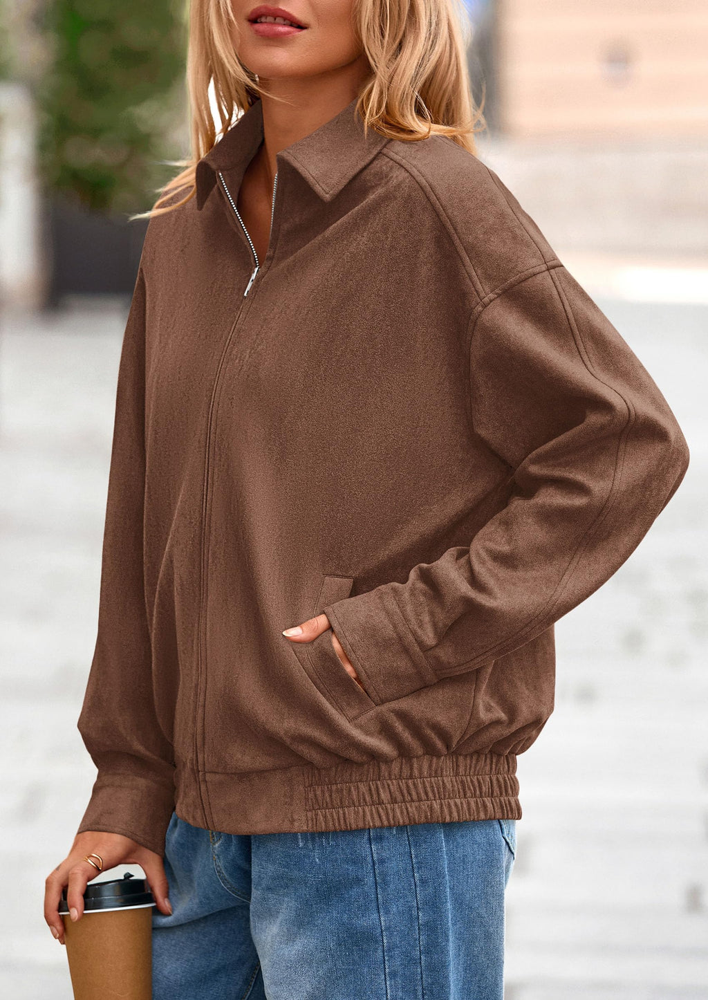 PRETTYGARDEN Faux Suede Bomber Jacket Women Fall Fashion Casual Zip Up Oversized Trendy Winter Clothing Outerwear Coats