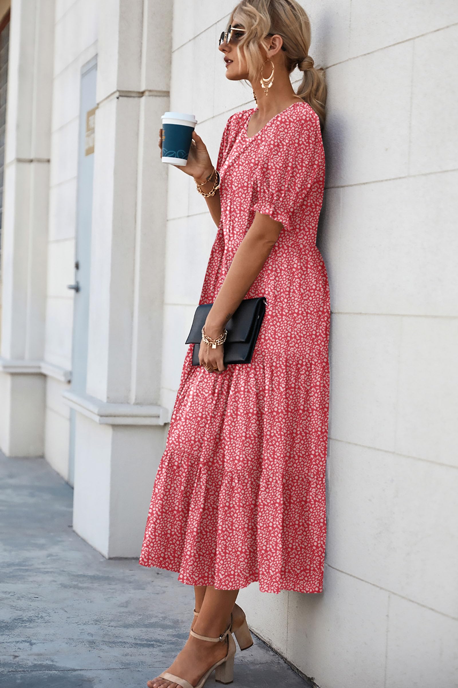 PRETTYGARDEN Summer Dresses for Women Casual Floral Boho Midi Sun Dress Puff Short Sleeve Flowy Beach Vacation Sundress