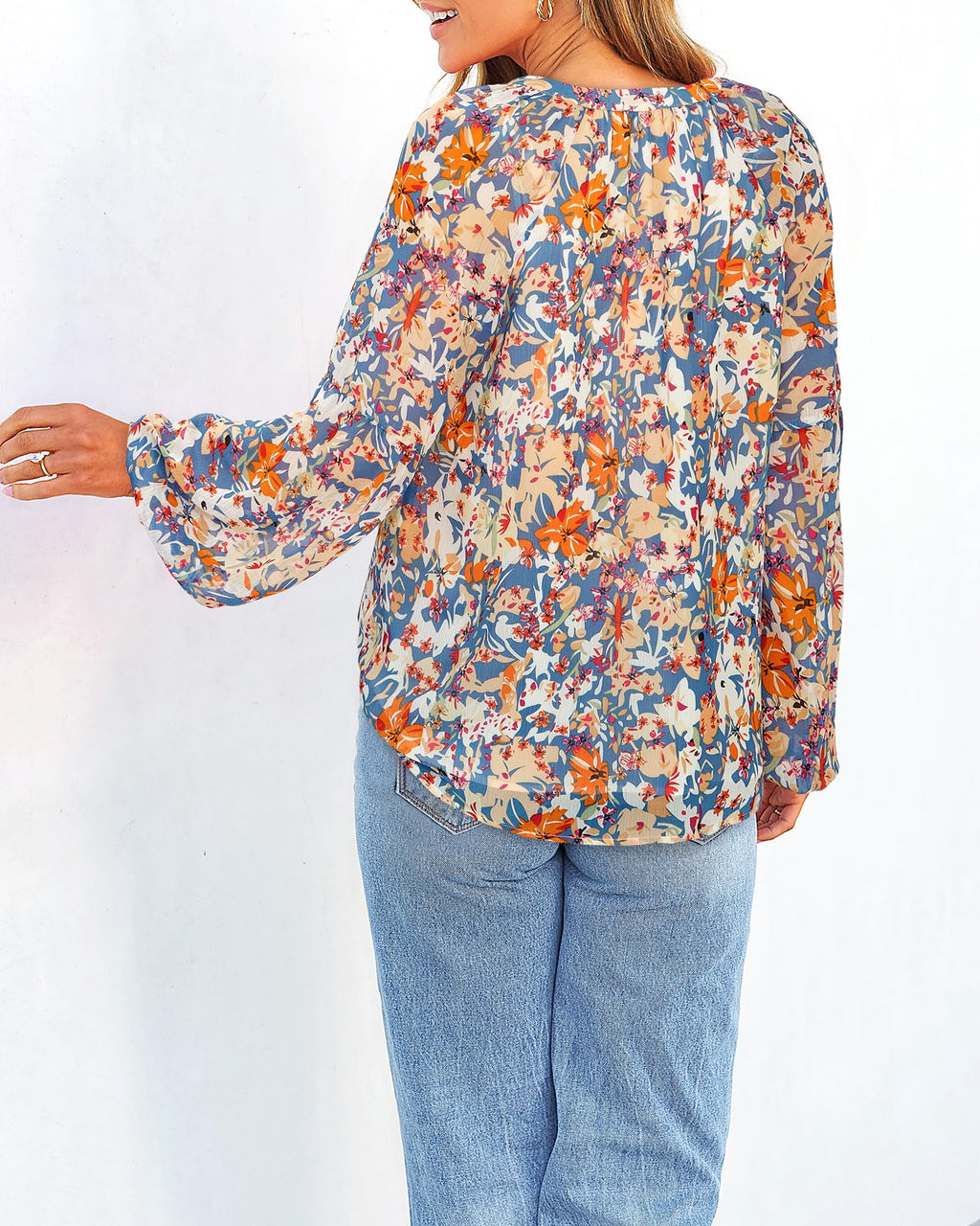 FreshPretty Blouses for Women Floral Boho Tops V Neck Lightweight Long Sleeve Shirts Fall Dressy Casual Vacation Outfits