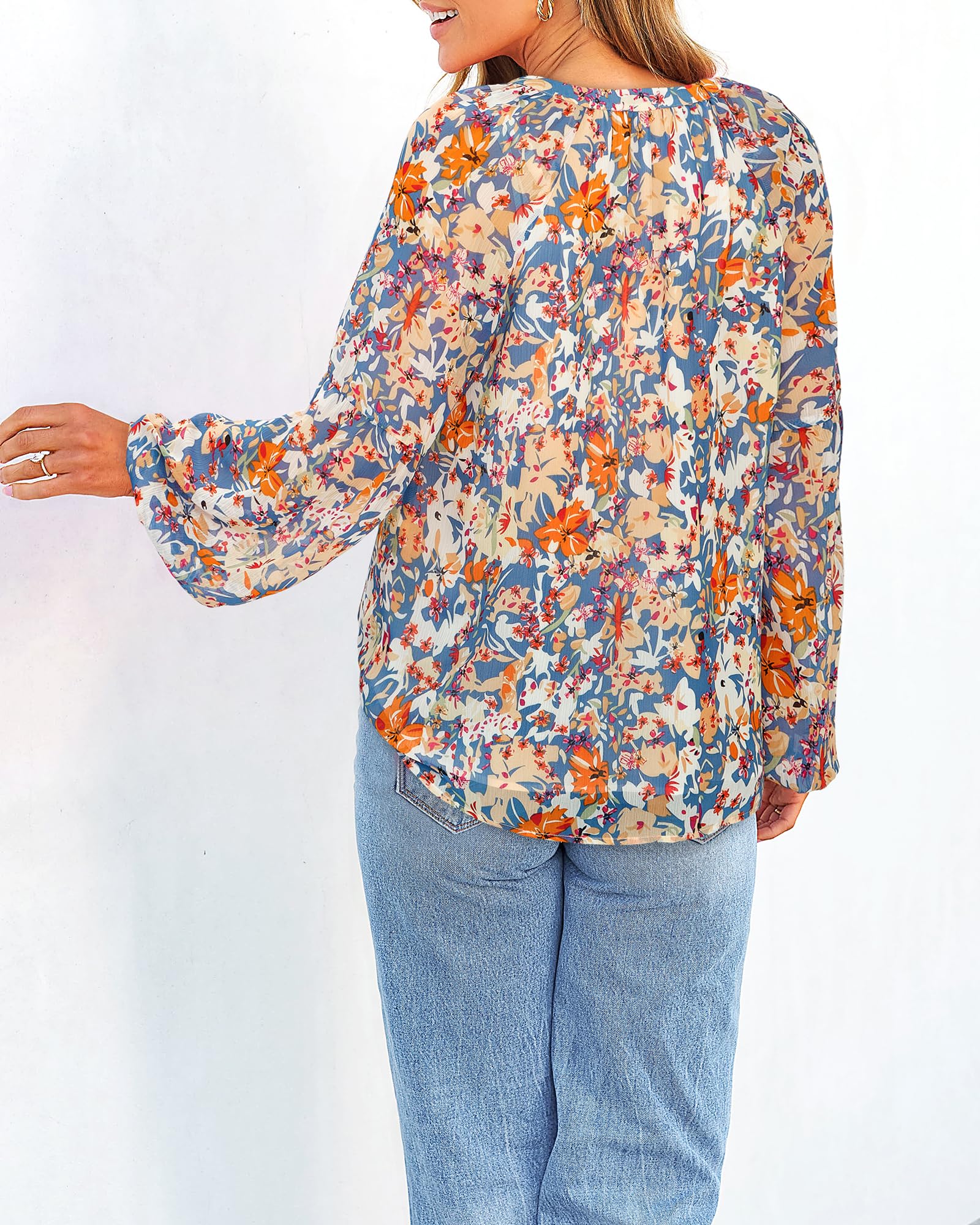 FreshPretty Blouses for Women Floral Boho Tops V Neck Lightweight Long Sleeve Shirts Fall Dressy Casual Vacation Outfits