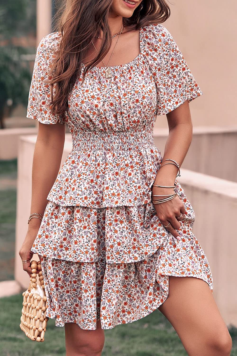 PRETTYGARDEN Women's  Floral Summer Short Dress Square Neck Short Sleeve Tiered Ruffle Boho Swing Dresses