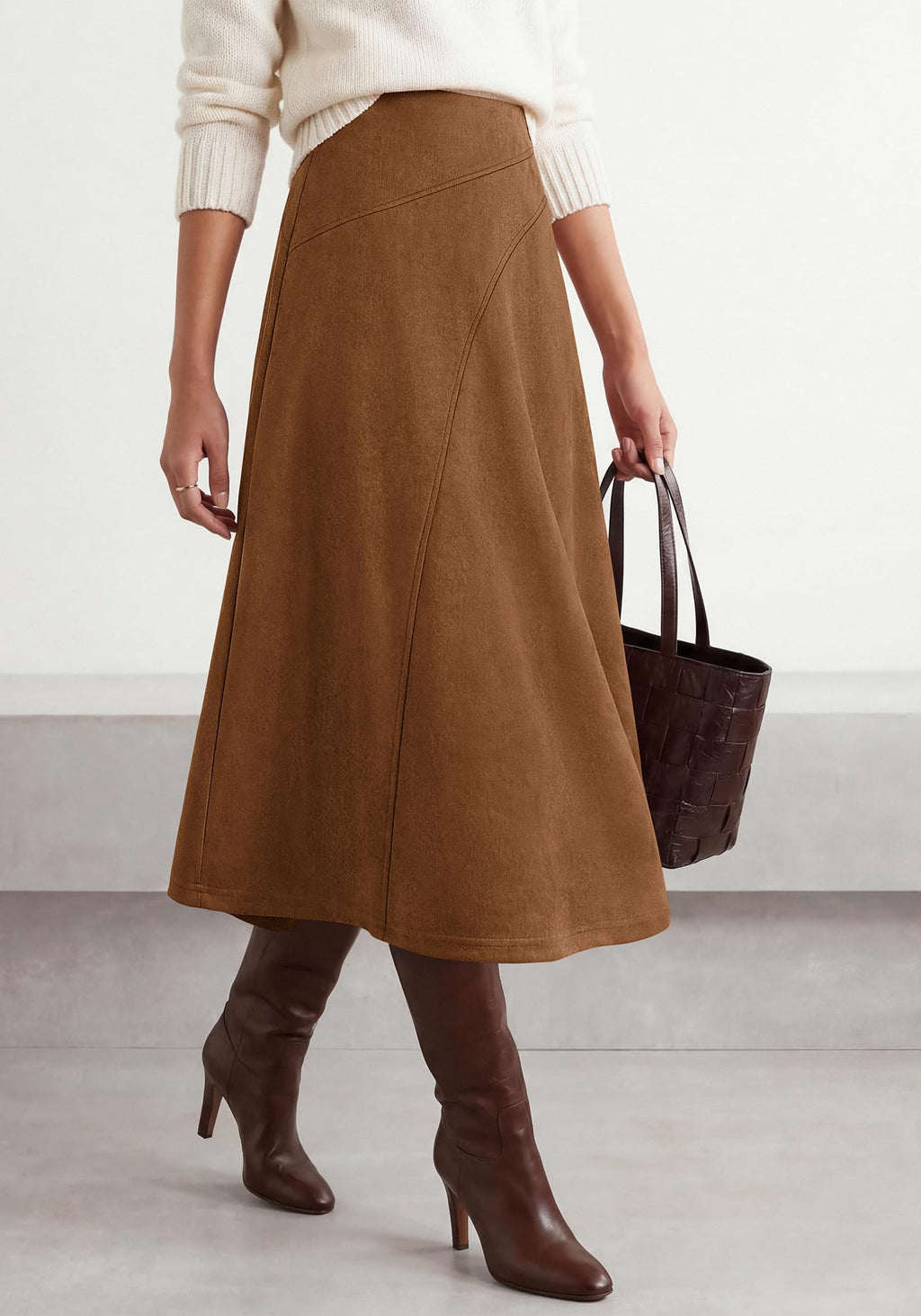 BTFBM Women Faux Suede Midi Long Skirt Fall Fashion | High Waisted Skirts For Women Trendy, Lightweight, Back Elastic, Arc Line Design, A-Line, Winter Dress, Boho Western Outfits