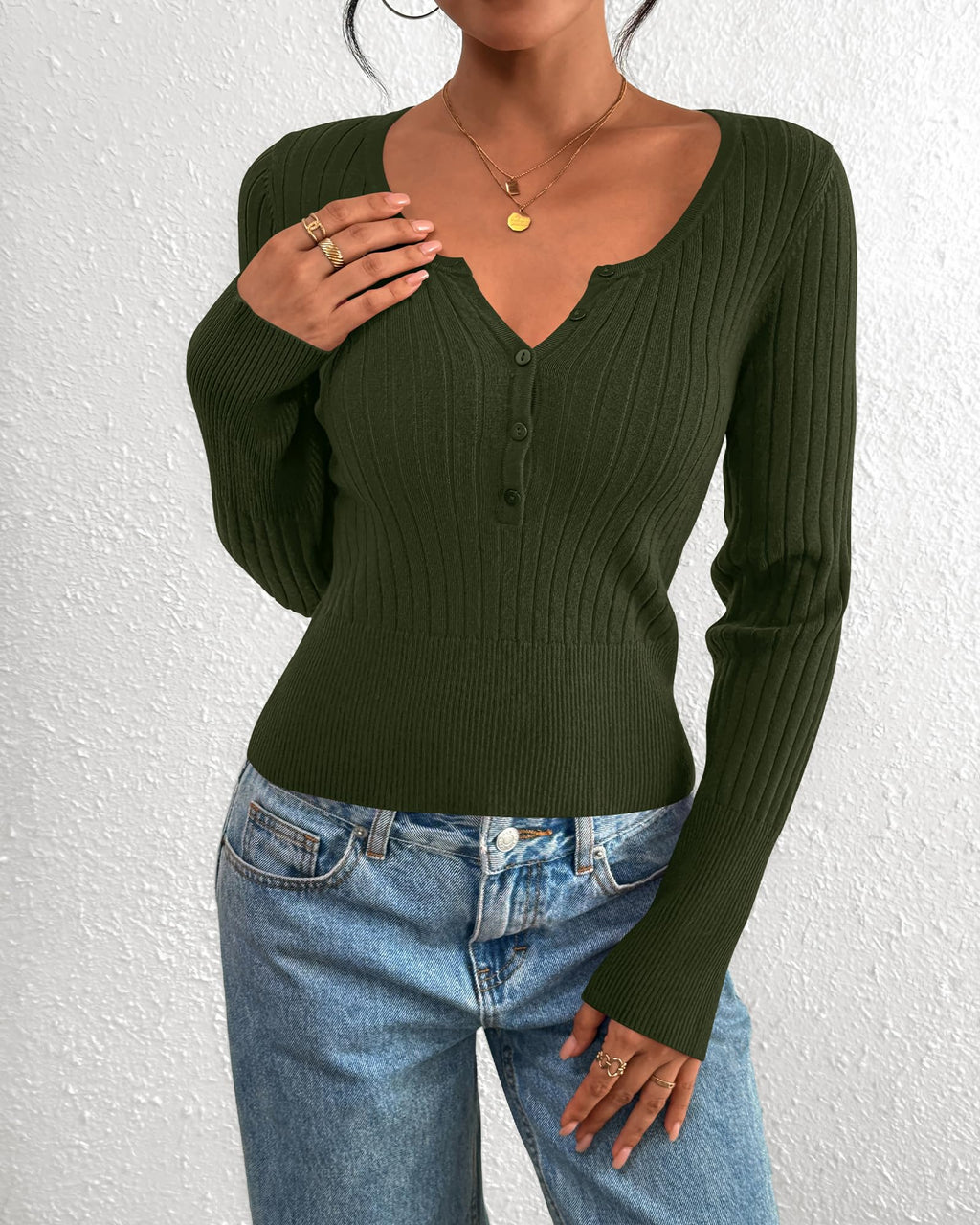 FreshPretty Fall Sweaters for Women Lightweight Long Sleeve Henley Shirts Button Up Knit Basic Slim Fit Going Out Tops