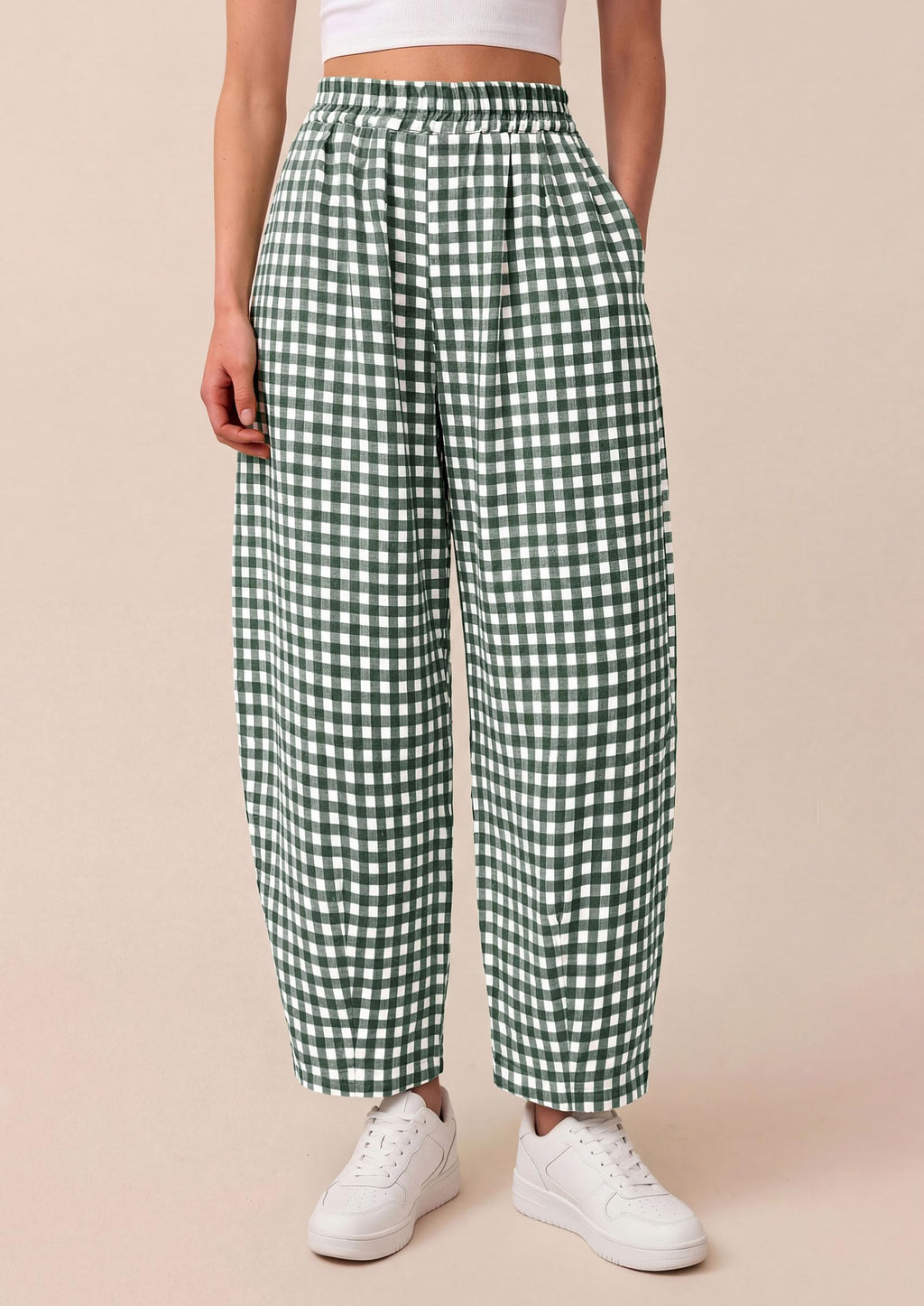 PRETTYGARDEN Plaid Barrel Pants Women Summer Casual Loose Wide Leg Lounge Gingham Trousers Spring Fashion Beach Bottoms