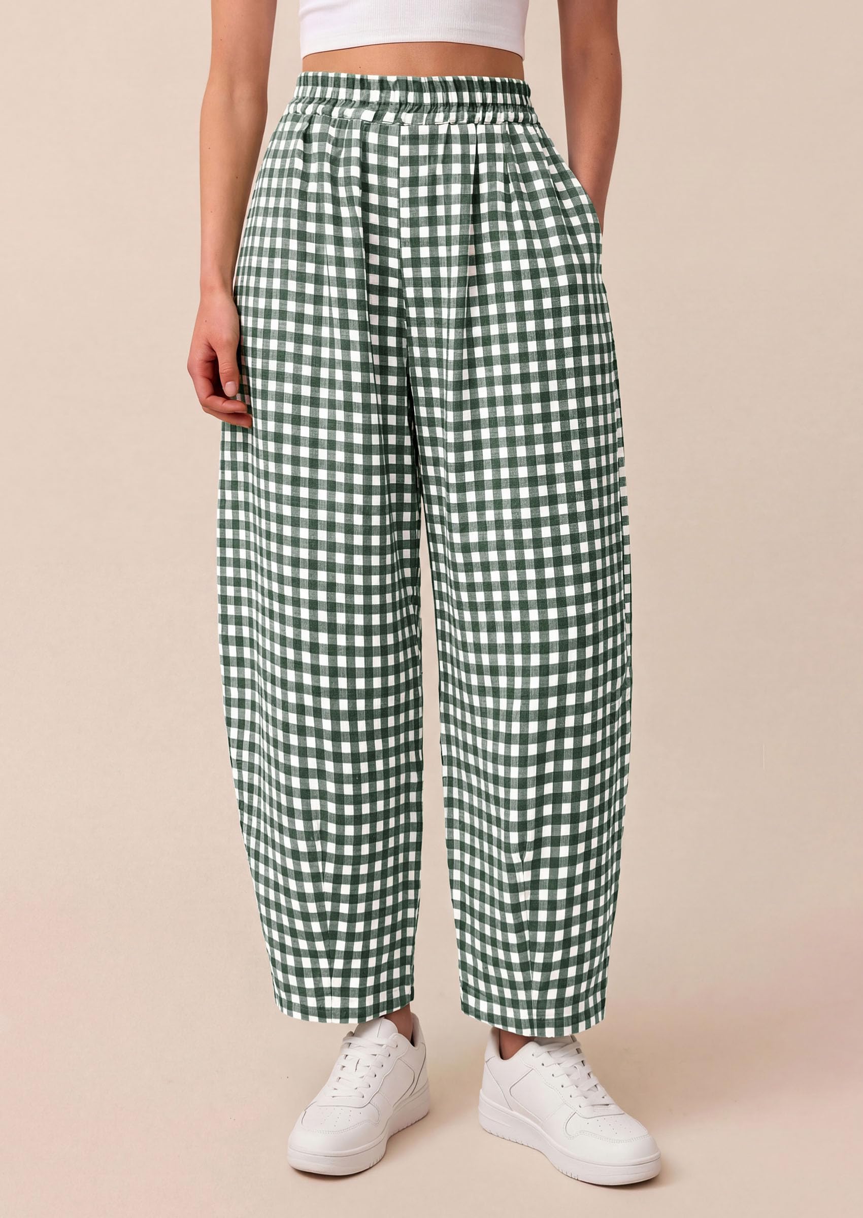 PRETTYGARDEN Plaid Barrel Pants Women Summer Casual Loose Wide Leg Lounge Gingham Trousers Spring Fashion Beach Bottoms