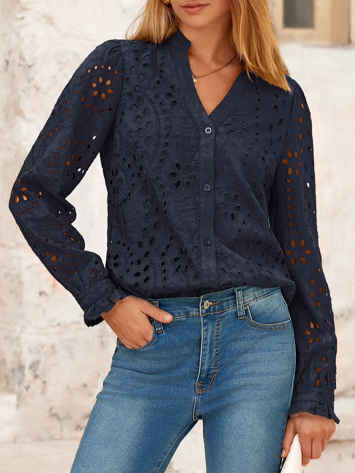 FreshPretty Women's Long Sleeve Shirts Button Down Dressy Casual Blouses V Neck Embroidery Hollow Out Tops Fall Winter Clothes