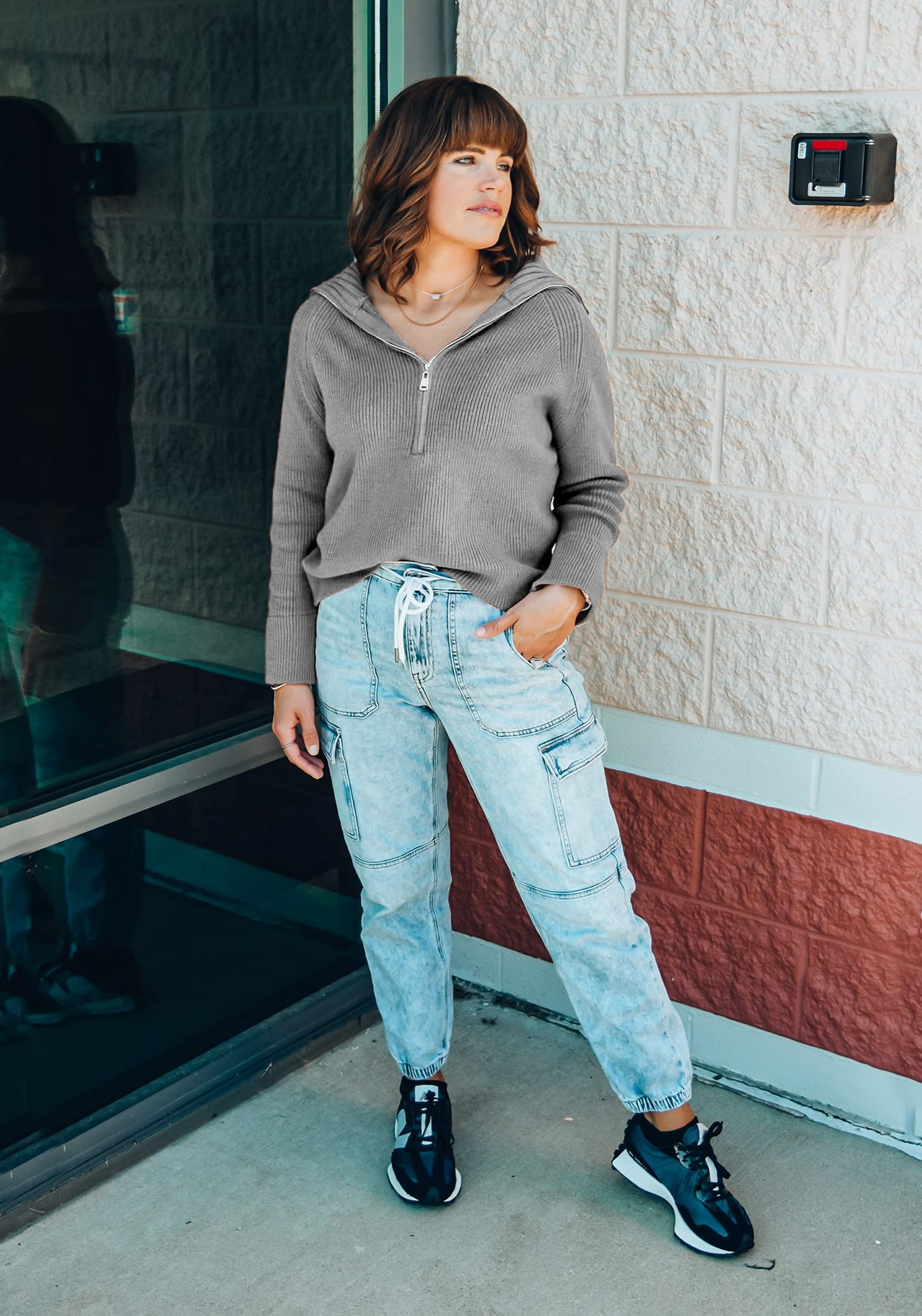 FreshPretty Womens Sweaters Quarter Zip Pullover V Neck Collar Long Sleeve Ribbed Knit Loose Casual Winter Fall Sweater