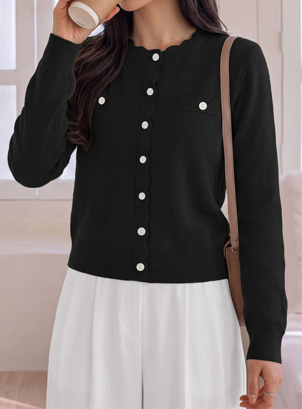 PRETTYGARDEN Cardigan Sweaters for Women Scalloped Button Up Fall Outfits Soft Knit Long Sleeve Knit Tops,Crew Neck,Business Casual Outfits,Office Work Lightweight Sweater,Layers Clothes