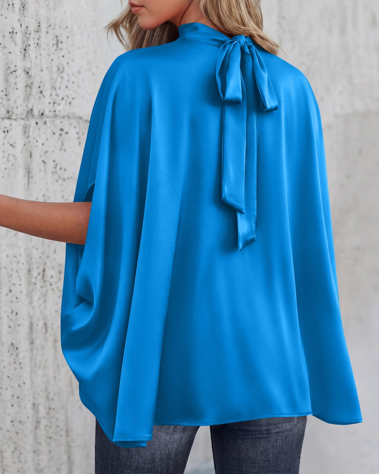 BTFBM Womens Summer Tops Mock Neck Batwing Sleeve Silk Satin Shirts Loose Oversized Dressy Casual Spring Blouses