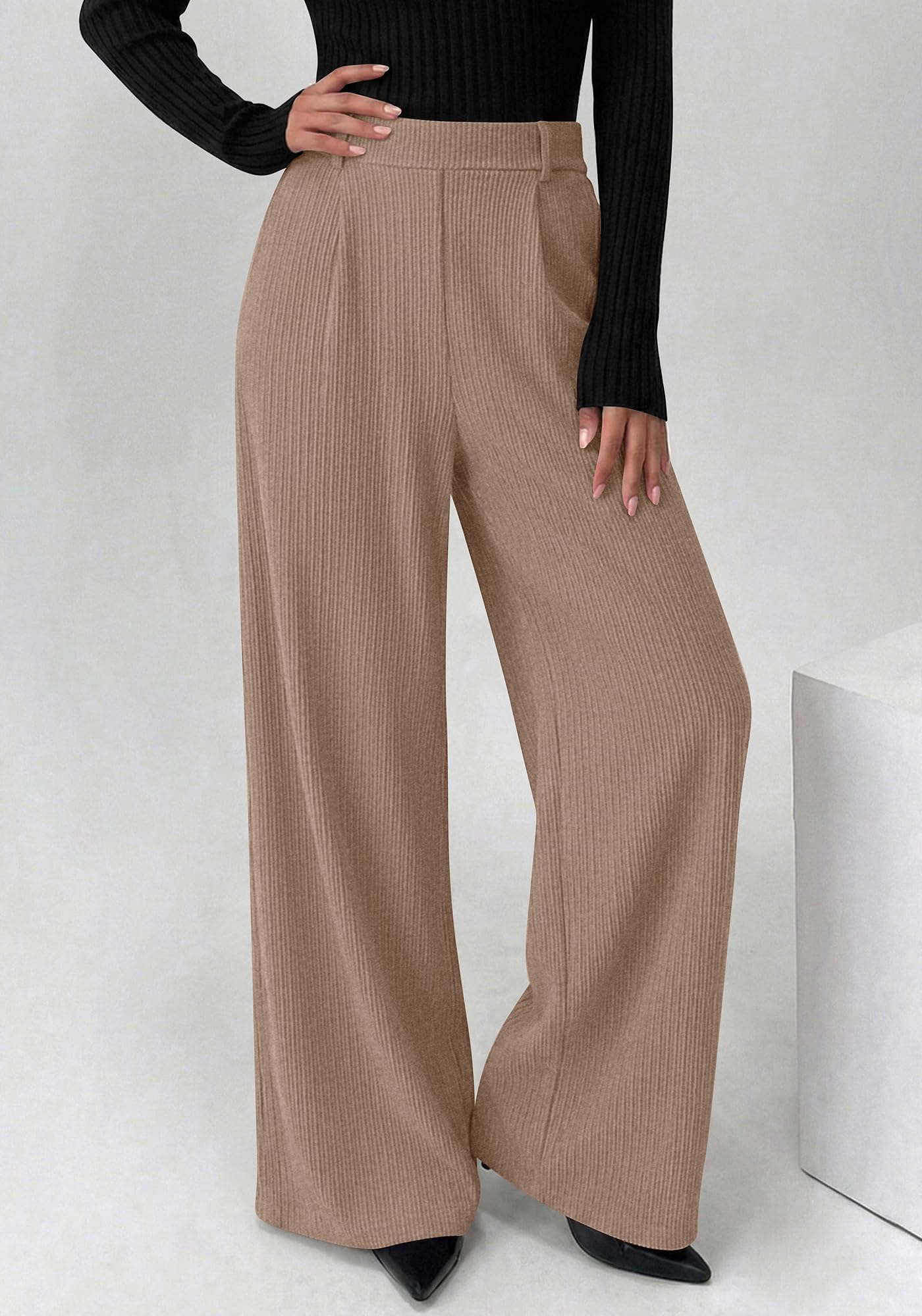 BTFBM Wide Leg Pants for Women Dressy Work Business Casual Elastic High Waisted Trousers Ribbed Lounge Palazzo Pants