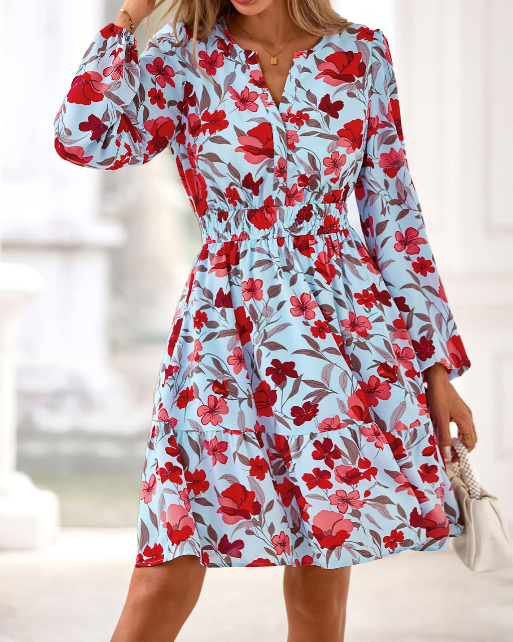 BTFBM Spring Dresses for Women Mini Long Sleeve Elastic Waist Summer Vacation Outfits Floral Wedding Guest Dress