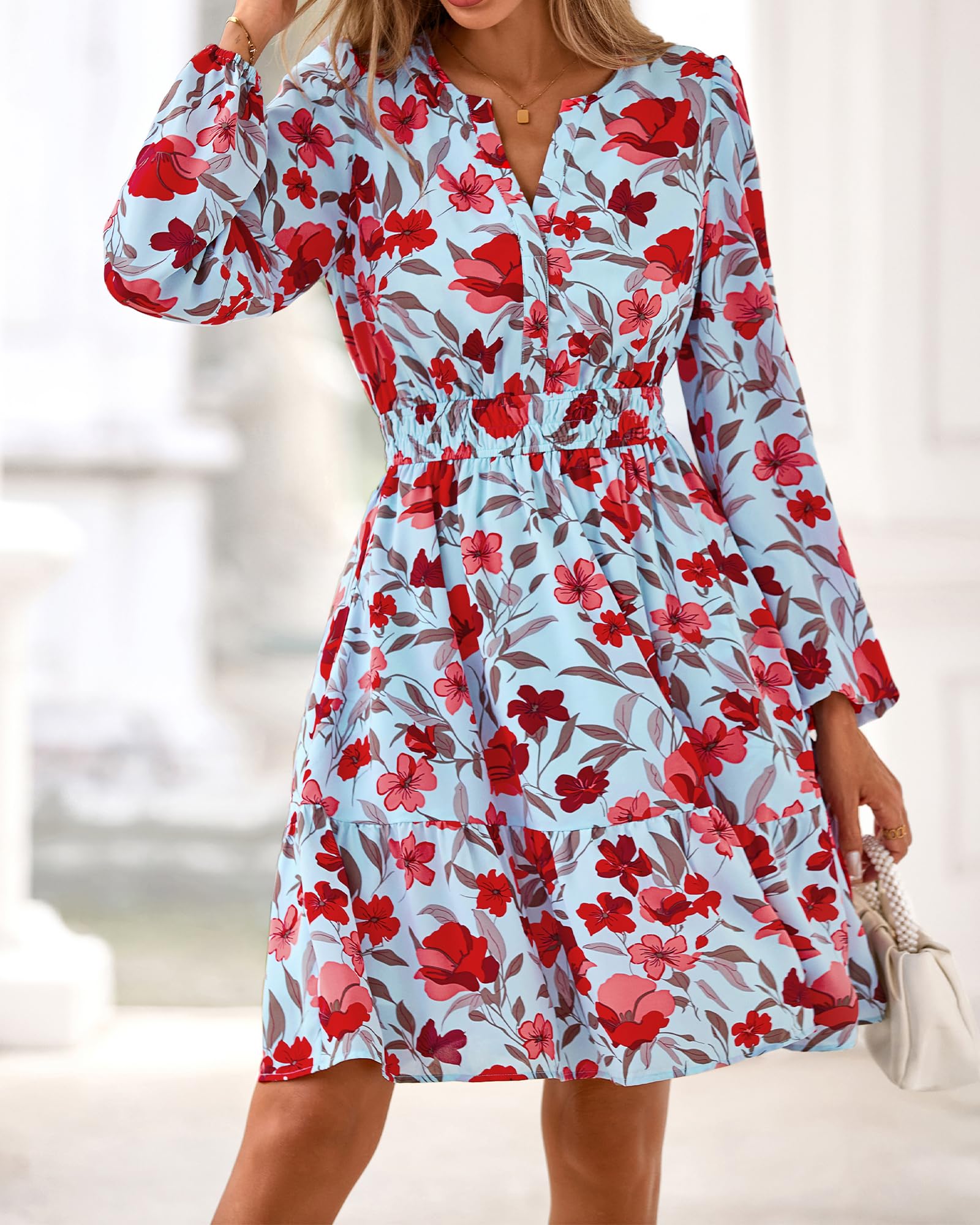 BTFBM Spring Dresses for Women Mini Long Sleeve Elastic Waist Summer Vacation Outfits Floral Wedding Guest Dress