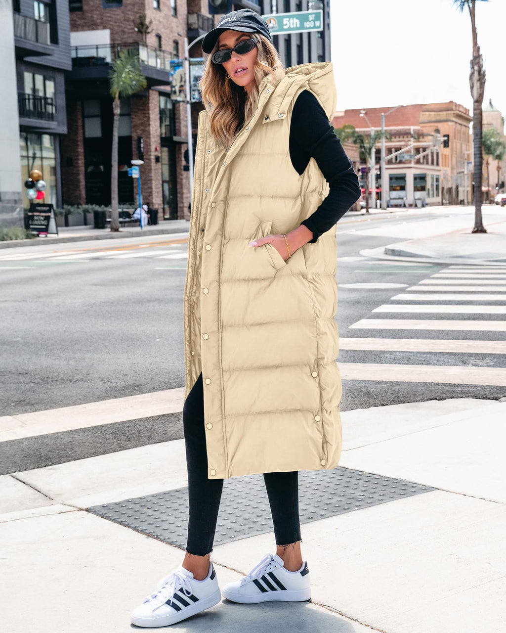 FreshPretty Long Puffer Vest Women Quilted Hooded Button Down Zip Up Sleeveless Vests Outerwear Padded Jacket Fall Winter Coat