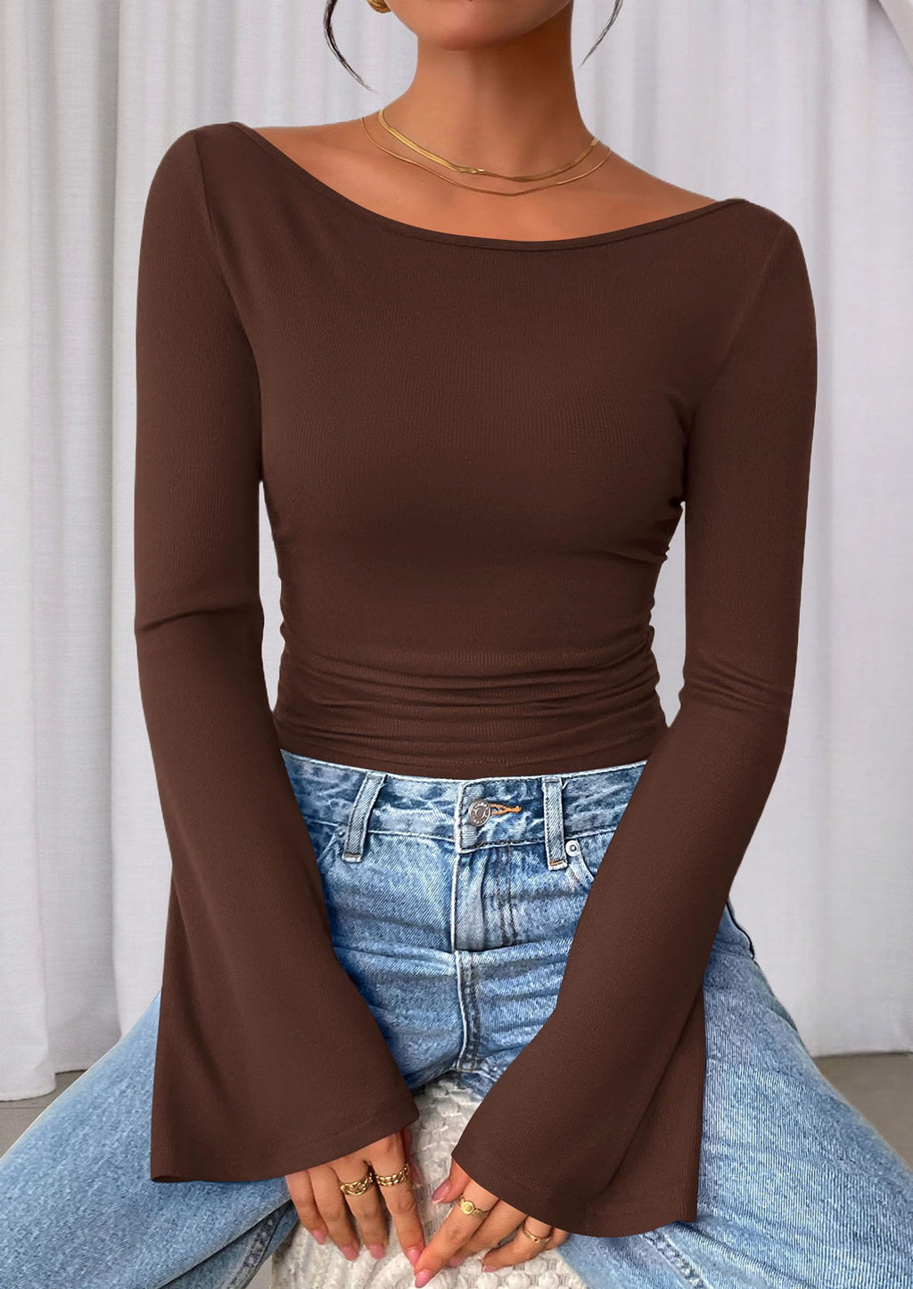 PRETTYGARDEN Women's Long Sleeve Shirts Fall Crop Going Out Tops Casual Boat Neck Bell Sleeve Ribbed Ruched Y2K Clothes