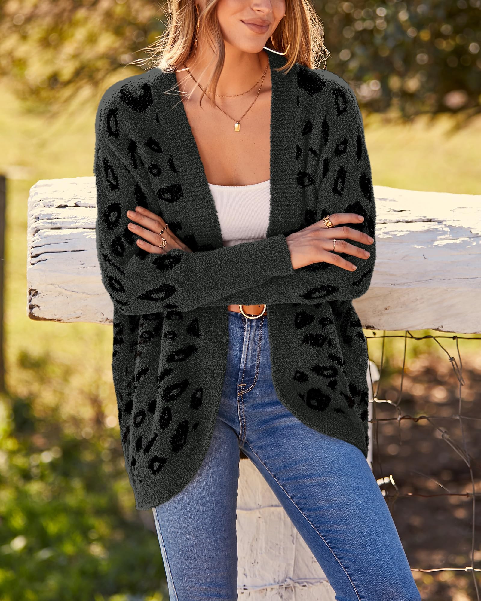 FreshPretty Leopard Cardigan for Women Long Sleeve Open Front Cardigans Sweaters Pockets Loose Knit Fall Winter Outwear