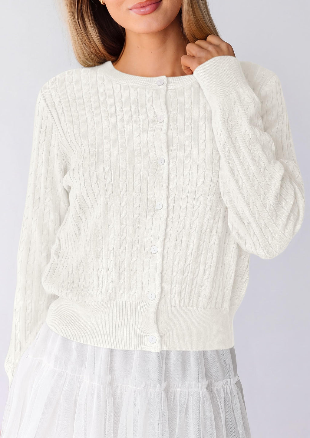 PRETTYGARDEN Women Lightweight Button Up Cardigan Sweaters | Soft Stretchy, Cozy Cable Knit, Long Sleeve Crew Neck, Trendy Cardigans, Cute Casual Outfits, Early Fall Fashion Clothing