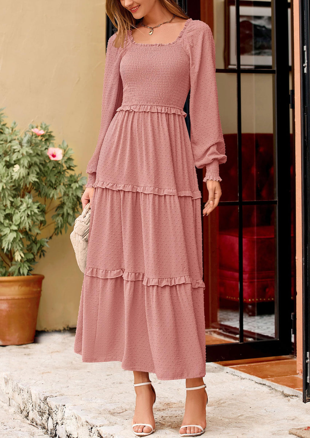 PRETTYGARDEN Fall Dresses for Women Long Sleeve Smocked Square Neck Swiss Dot Tiered Flowy Wedding Guest Maxi Dress