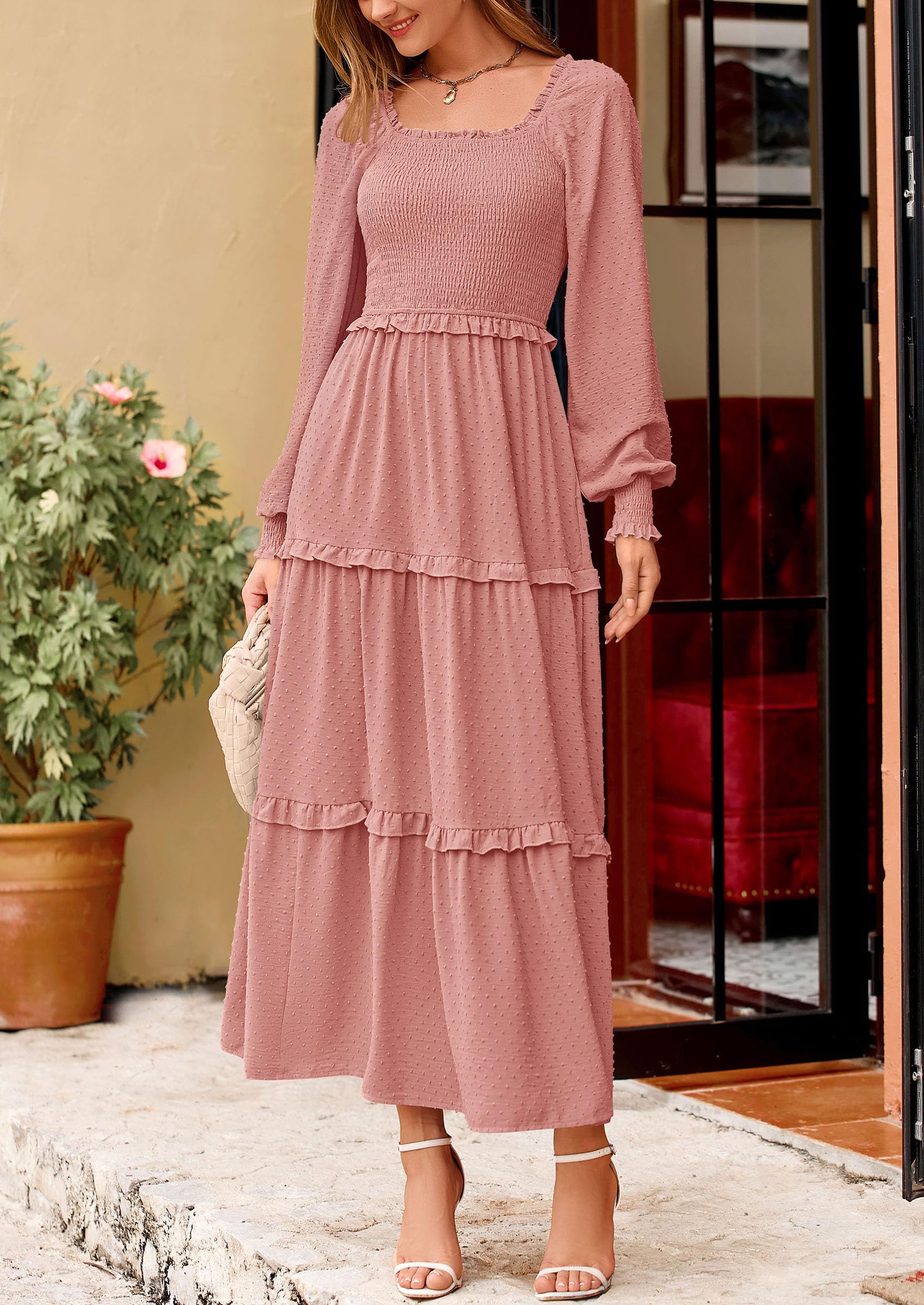 PRETTYGARDEN Fall Dresses for Women Long Sleeve Smocked Square Neck Swiss Dot Tiered Flowy Wedding Guest Maxi Dress