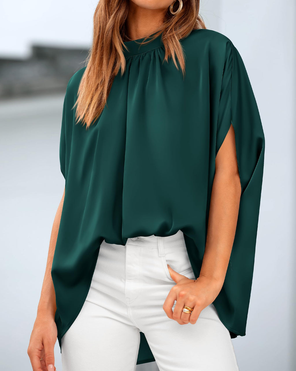 BTFBM Womens Summer Tops Mock Neck Batwing Sleeve Silk Satin Shirts Loose Oversized Dressy Casual Spring Blouses