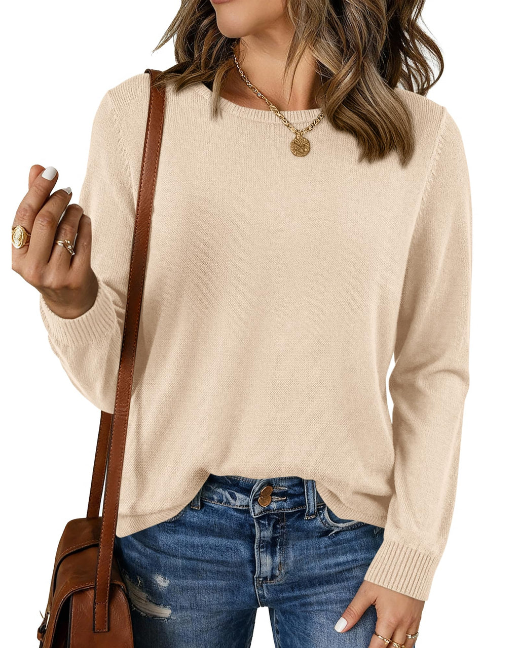 BTFBM Womens Long Sleeve Crew Neck Sweaters Spring Casual Classic Soft Loose Fit Basic Pullover Jumper Knit Top