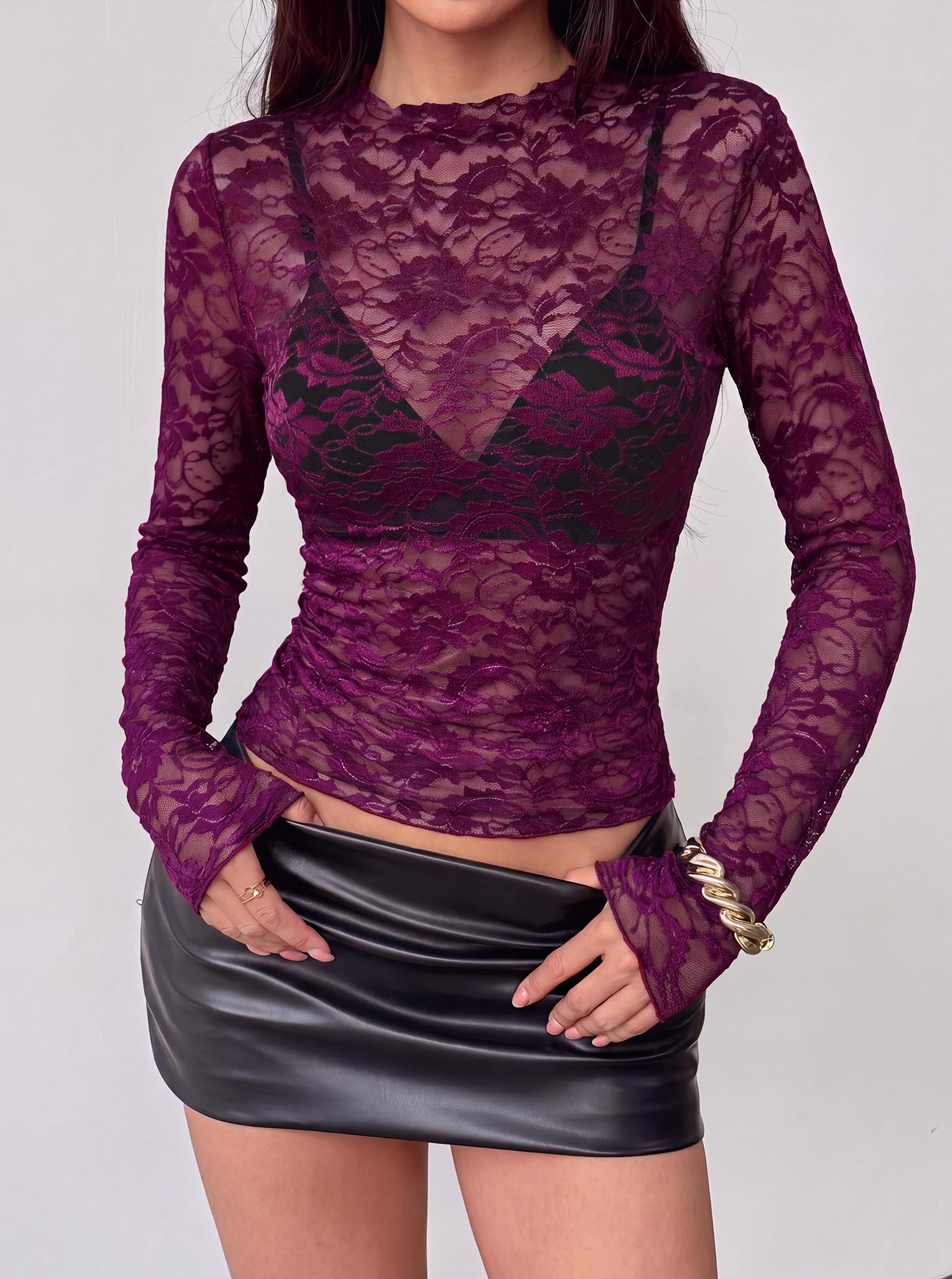 BTFBM Lace Long Sleeve Tops for Women Sexy Mesh Sheer Shirt | Mock Neck,Slim Fitted,Party,Club Outfits,Fall Winter