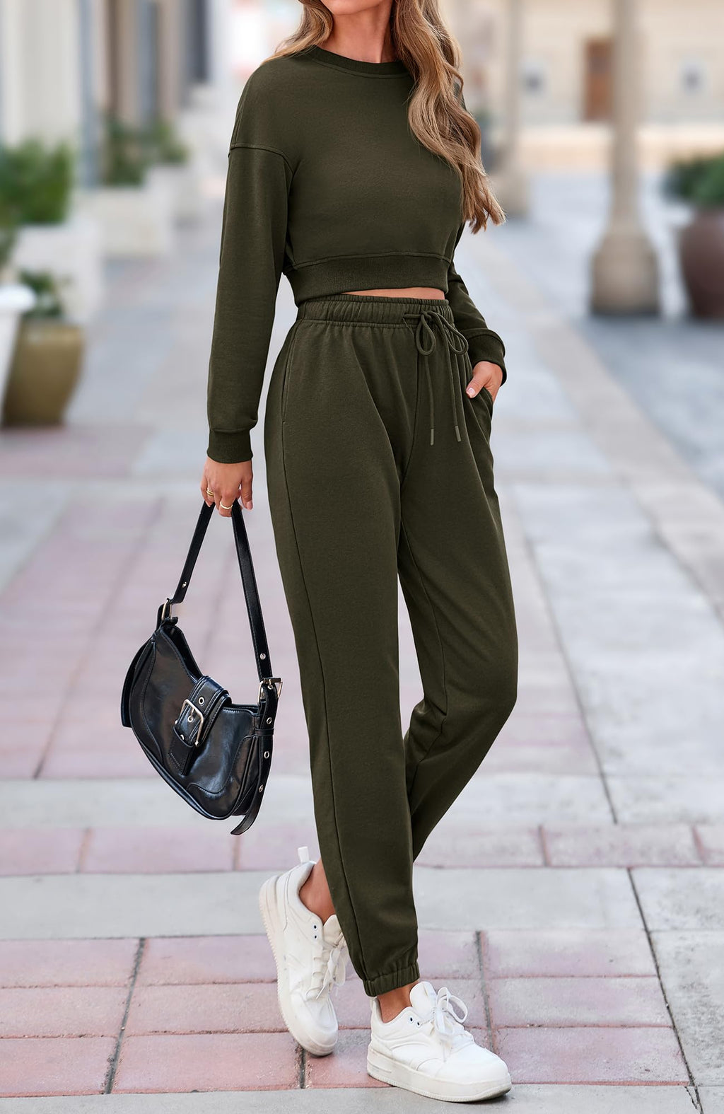 BTFBM Women 2 Piece Outfits Long Sleeve Crop Top Pullover Drawstring Pant Jogger Set Casual Sweatsuits Tracksuit Pockets