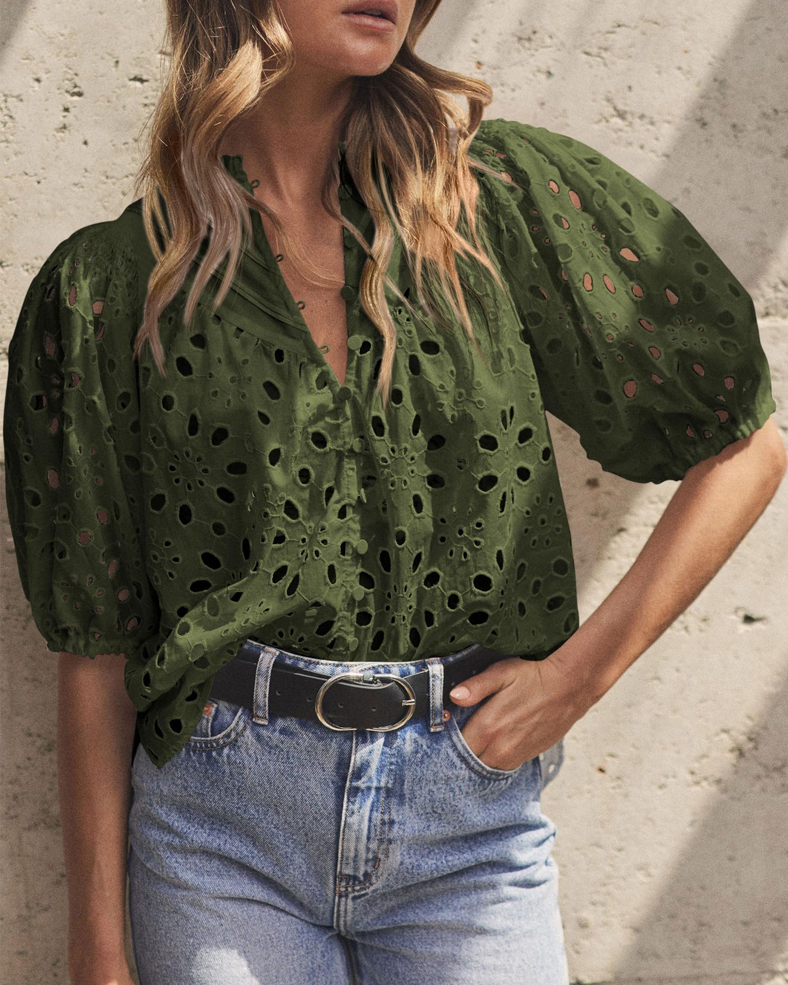 PRETTYGARDEN Women's Summer Tops Dressy Casual Short Sleeve V Neck Buttons Hollow Out Lace Embroidered Blouses Shirts