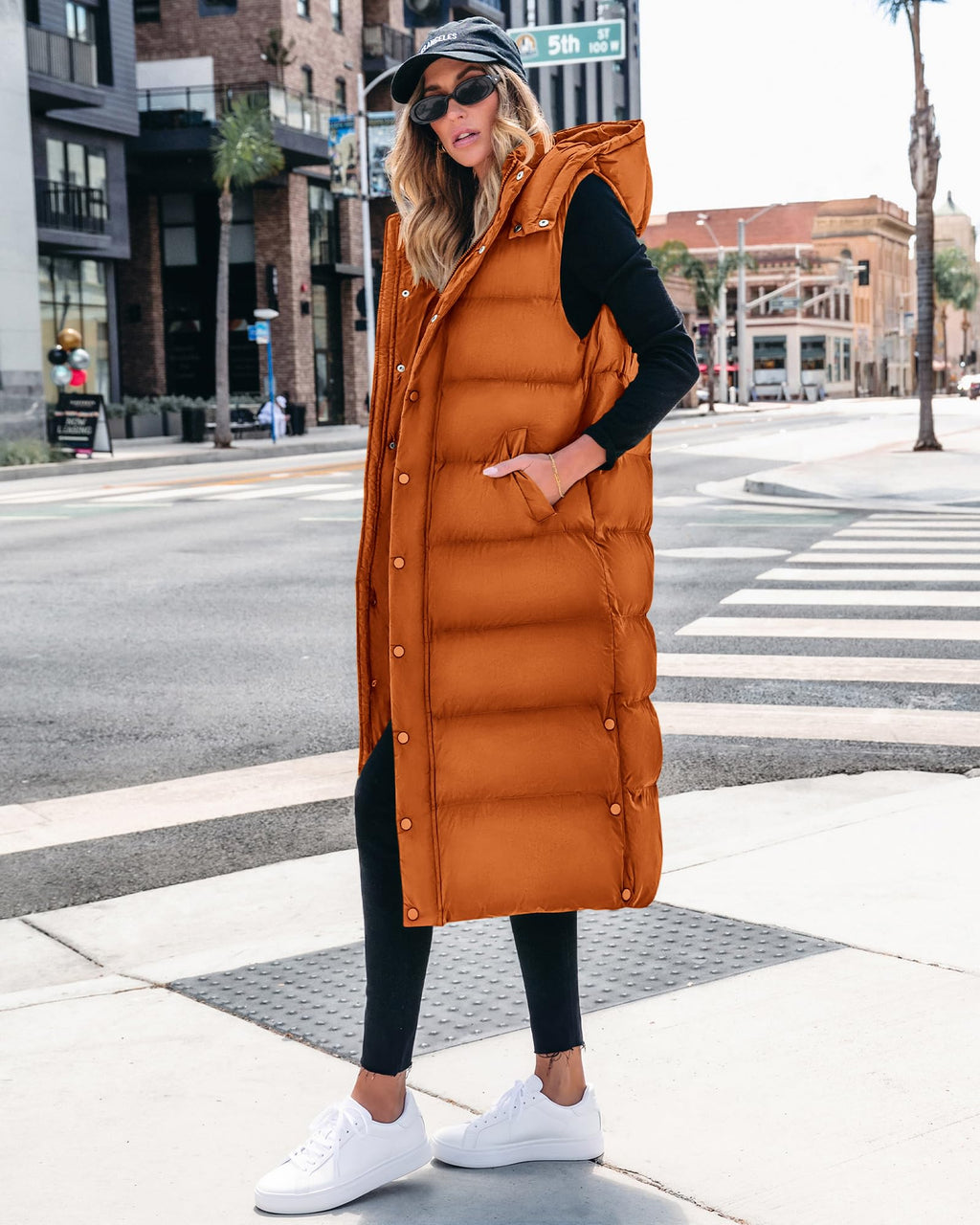 BTFBM Long Puffer Vest Women Quilted Hooded Button Down Zip Up Sleeveless Vests Outerwear Padded Jacket Fall Winter Coat