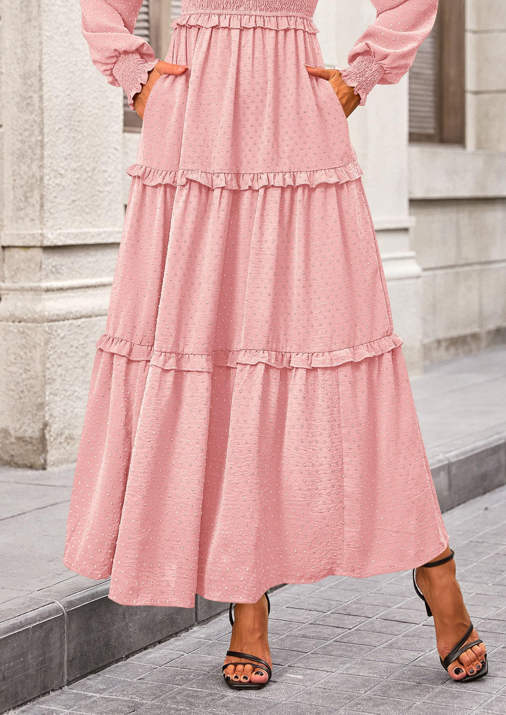 PRETTYGARDEN Fall Dresses for Women Long Sleeve Smocked Square Neck Swiss Dot Tiered Flowy Wedding Guest Maxi Dress