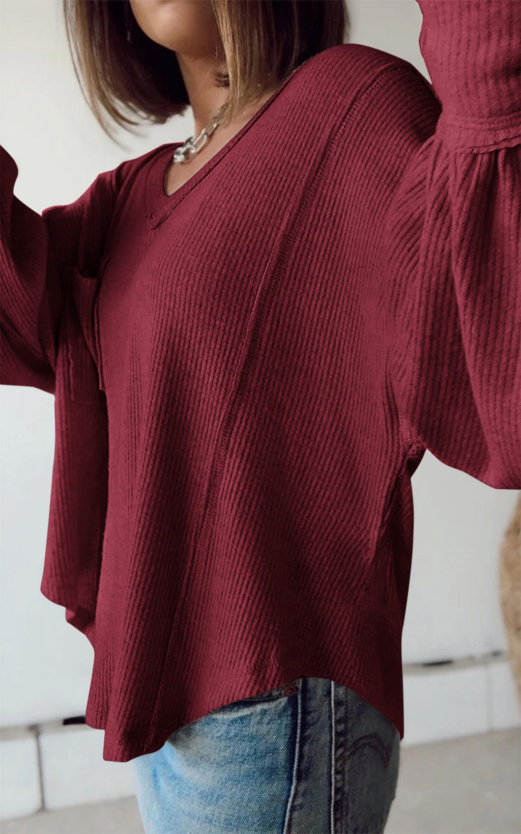 FreshPretty Womens Fall Fashion Long Sleeve Shirts Casual V Neck Ribbed Knit Blouses Pullover Trendy Loose Fit Tunic Tops