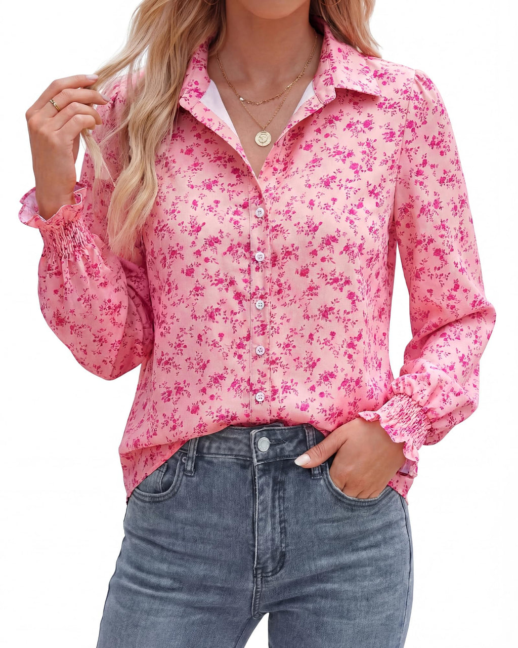 BTFBM Long Sleeve Blouses for Women, Floral V Neck Button Down Shirts, Smocked Cuffs, Business Casual Summer Outfits