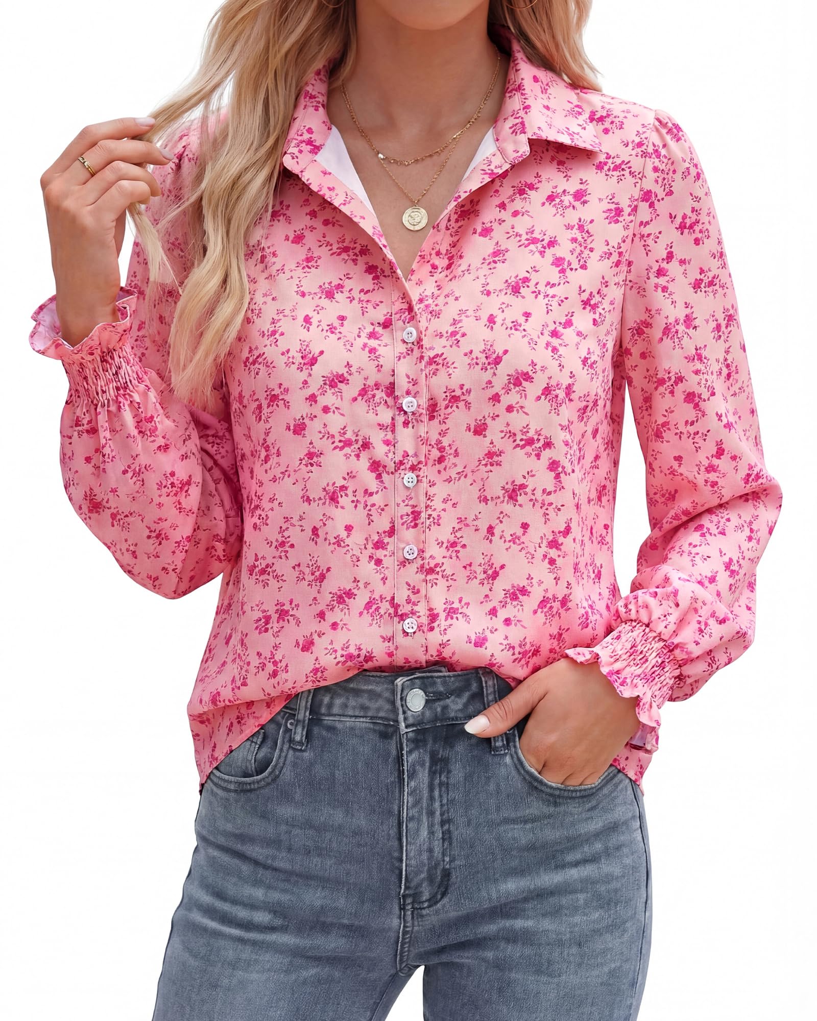 BTFBM Long Sleeve Blouses for Women, Floral V Neck Button Down Shirts, Smocked Cuffs, Business Casual Summer Outfits