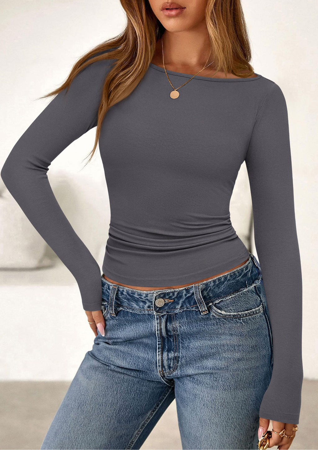 PRETTYGARDEN Long Sleeve Shirts for Women Fall Boat Neck Ribbed Knit Ruched Fitted Going Out Tops Casual Basic Tees