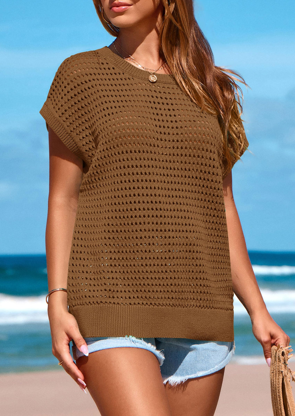 PRETTYGARDEN Womens Spring Tops Summer Shirts Crochet Cap Sleeve Sweater Pullover Cute Beach Vacation Clothes