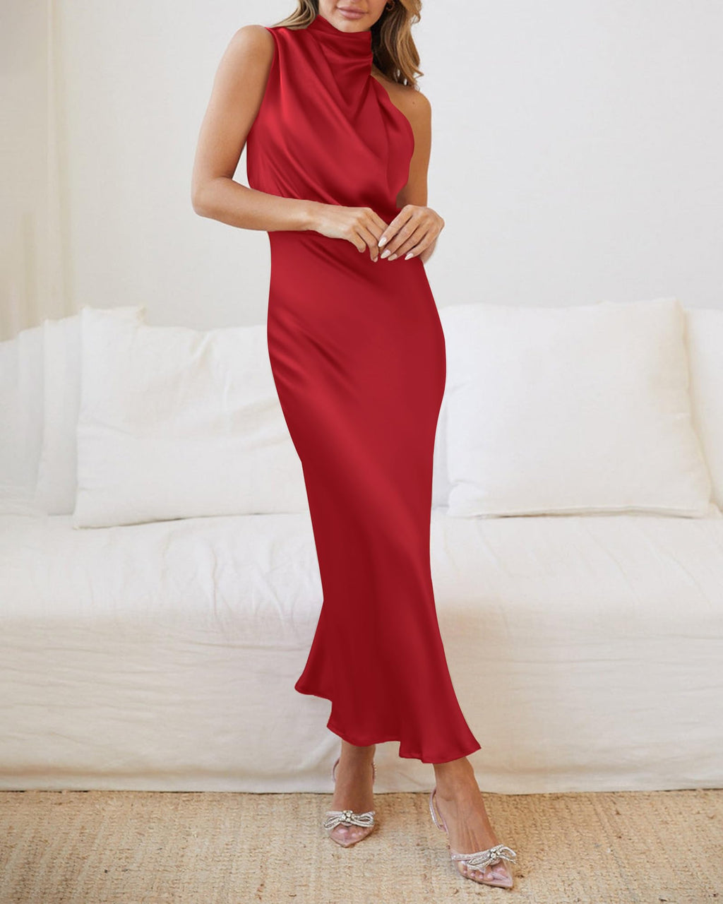 BTFBM Cocktail Dresses for Women Summer Satin Silk Sleeveless Mock Neck Maxi Wedding Guest Dress Spring Outfits