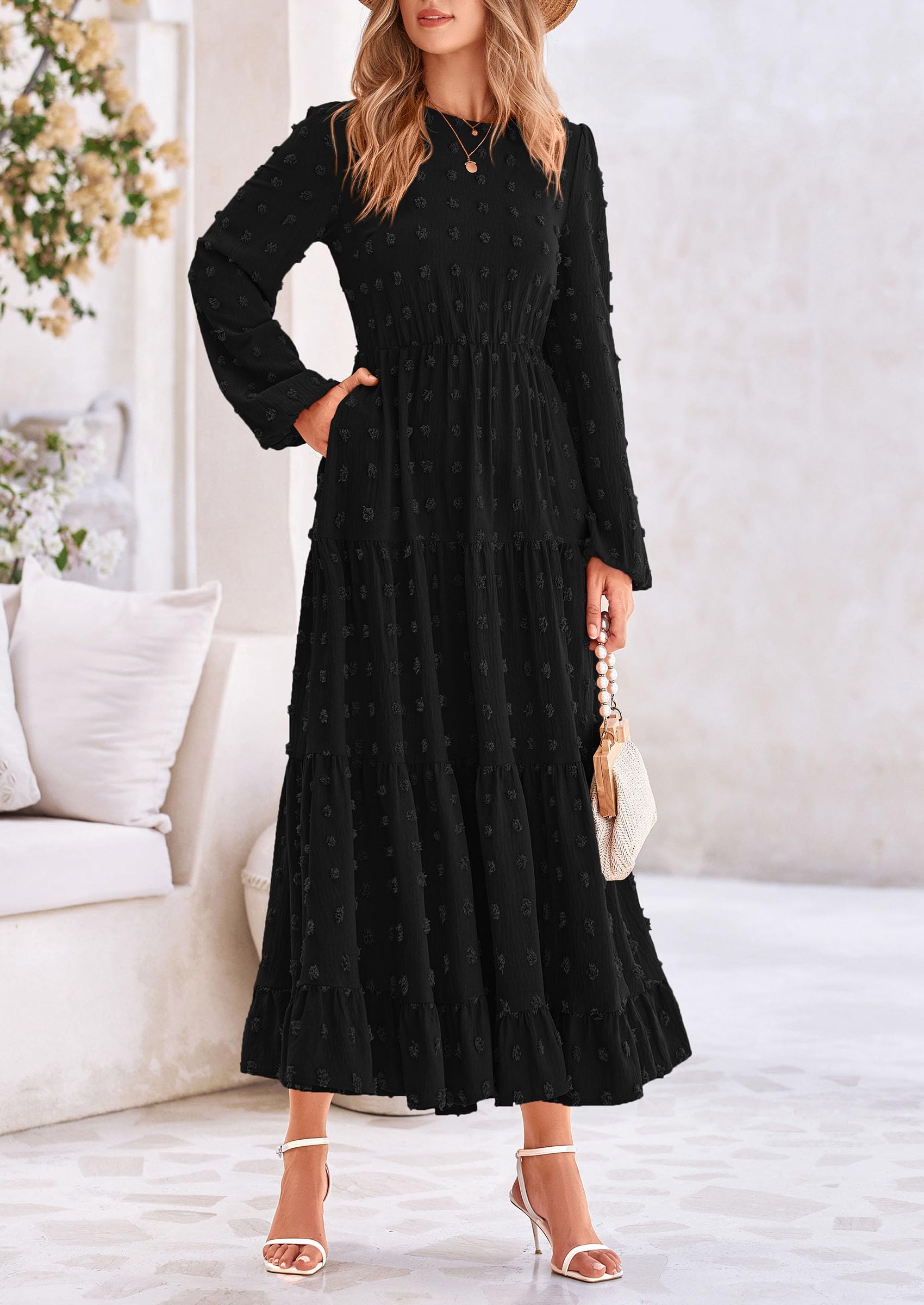 PRETTYGARDEN Women's Fall Spring Elegant Long Sleeve Maxi Dress Swiss Dot A Line Flowy Casual Holiday Party Going Out Dresses