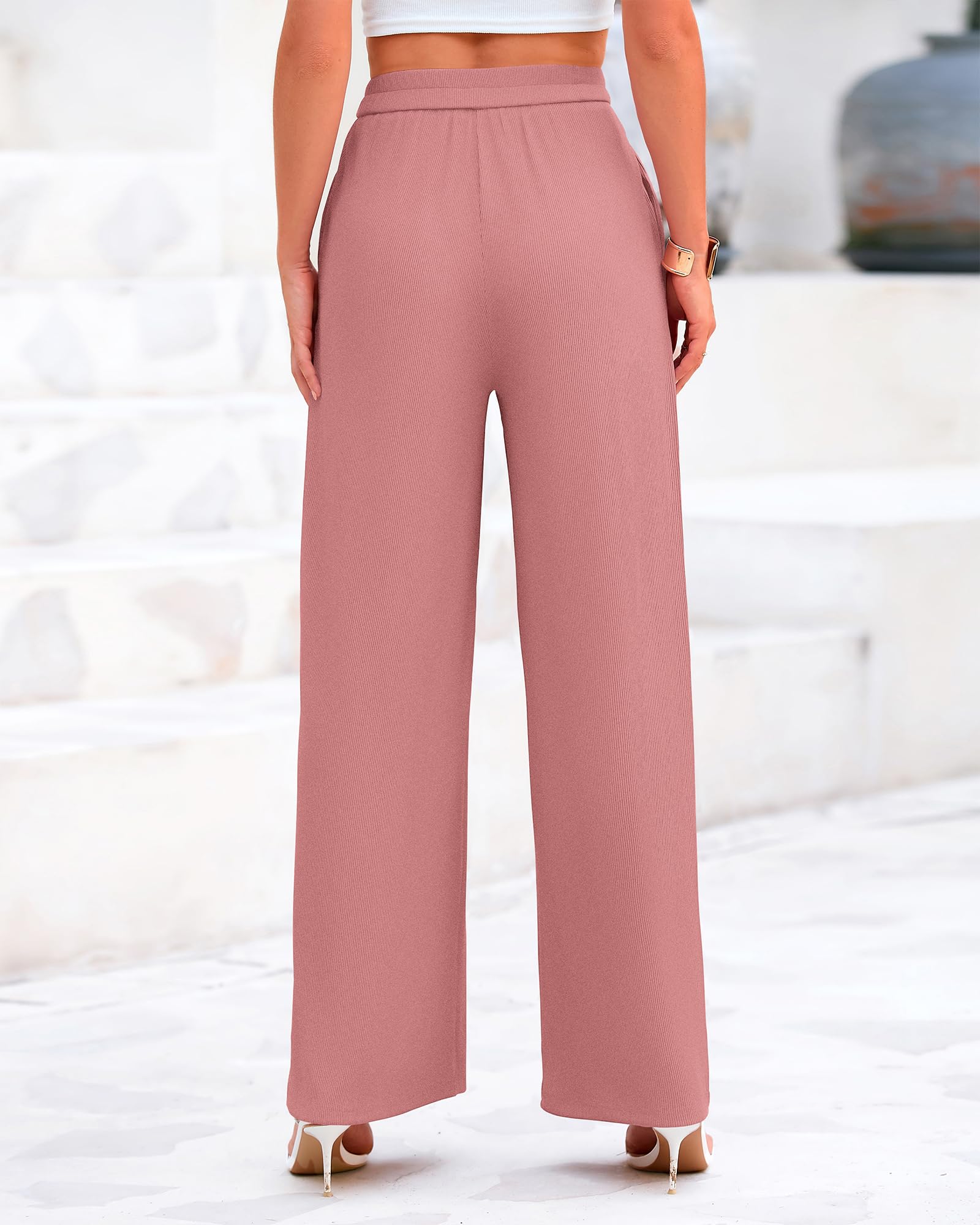 BTFBM Palazzo Pants for Women Spring Summer Clothes Pockets High Waist Casual Knit Flowy Wide Leg Trousers