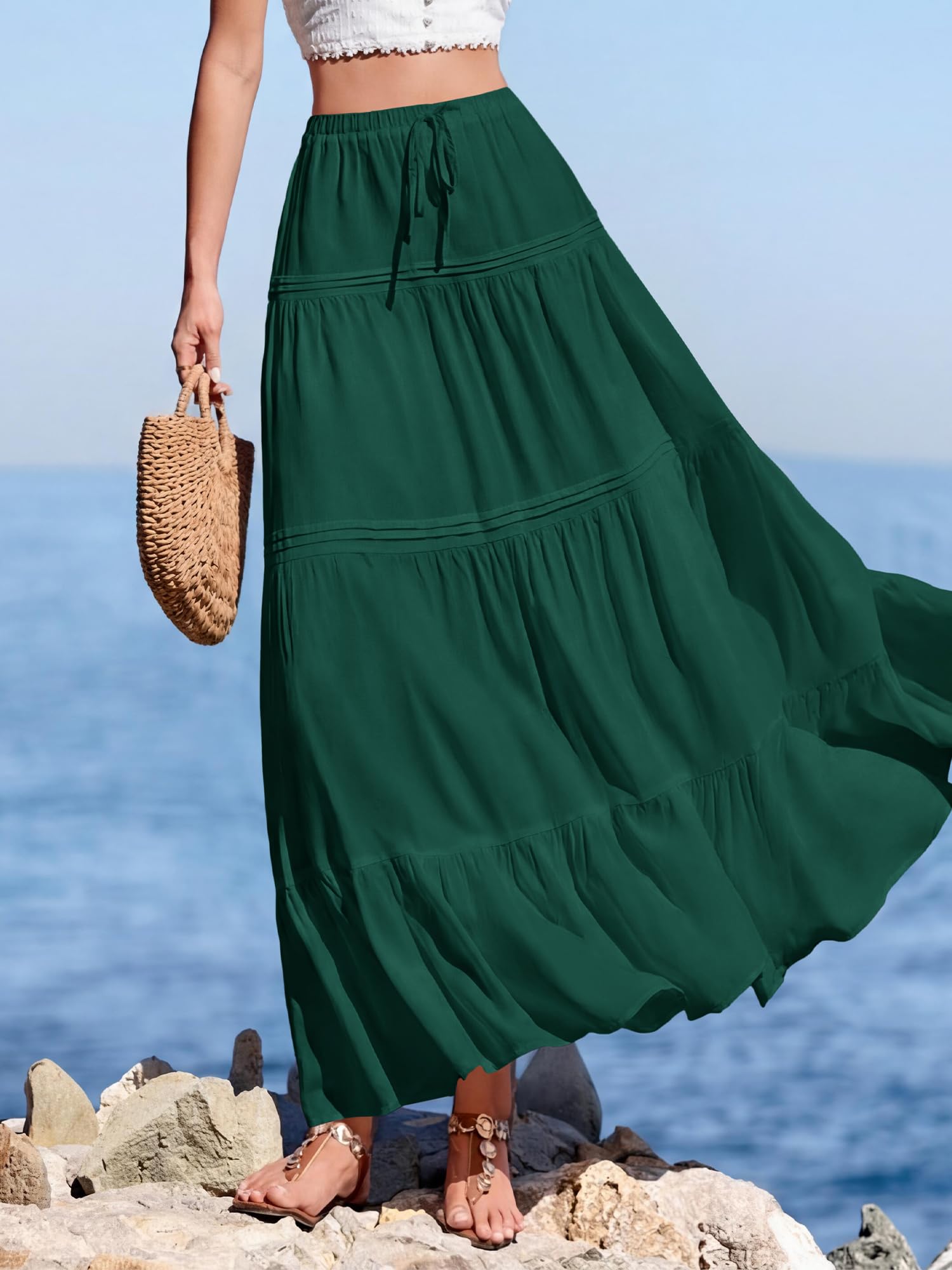 BTFBM Spring Skirts for Women Summer Boho Beach Vacation Clothes Casual Pleated High Waisted Flowy Maxi Skirt