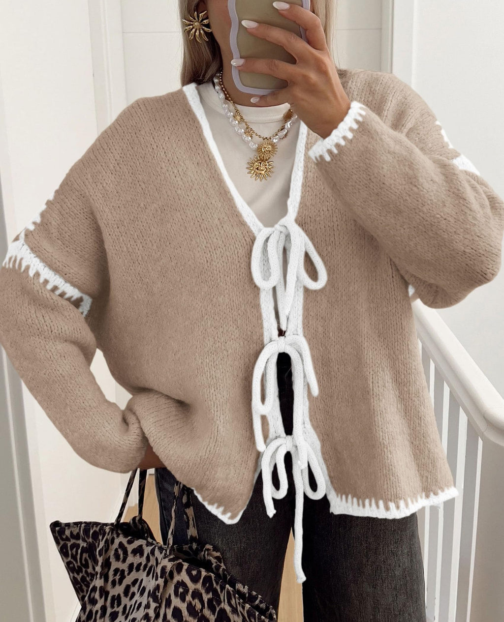 PRETTYGARDEN Women's Tie Front Bow Cardigan Sweaters Chunky Knit Long Puff Sleeve Trendy Fall Winter Jacket Coat